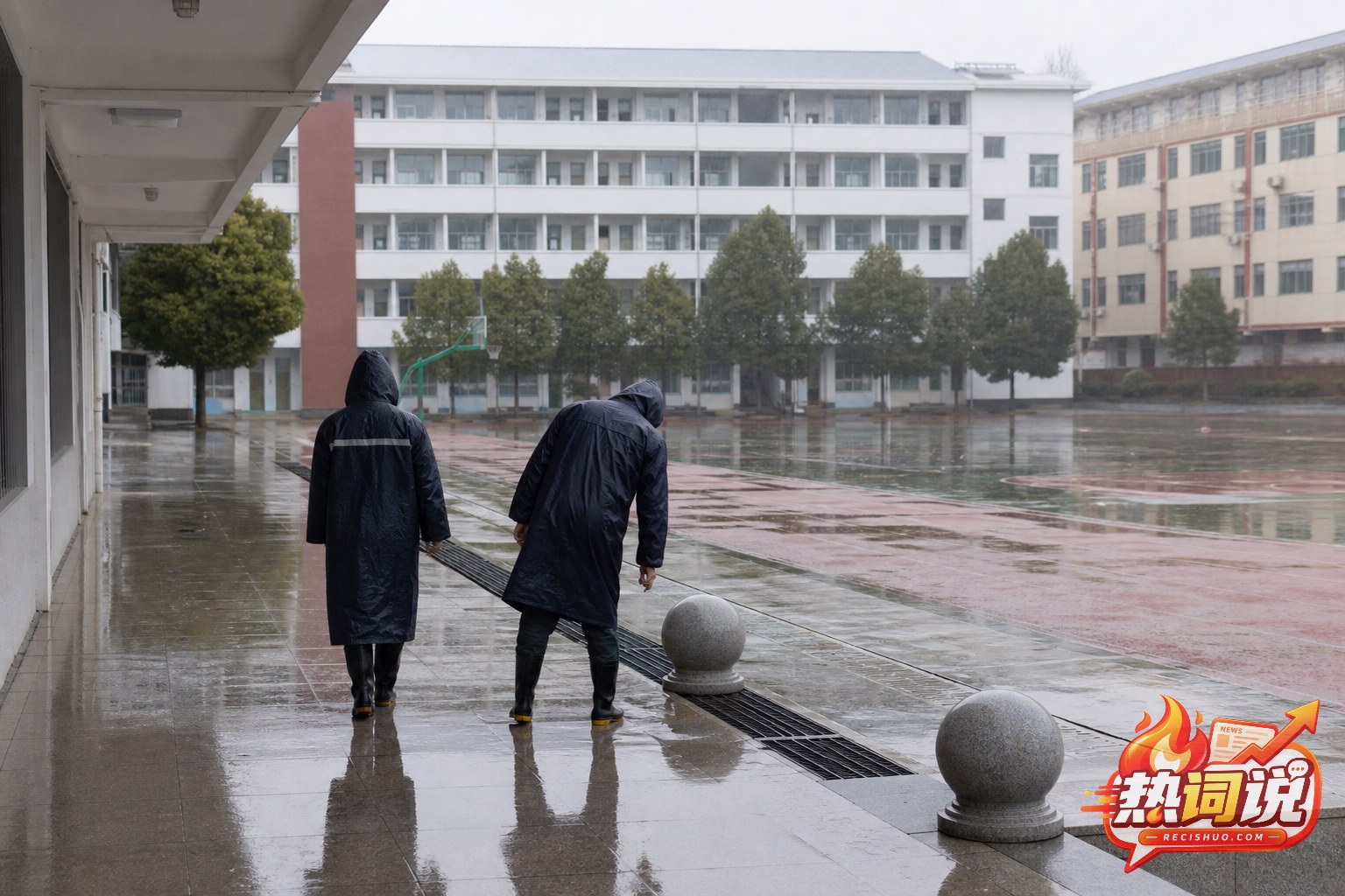 停课期间校园工作人员冒雨检查操场排水设施