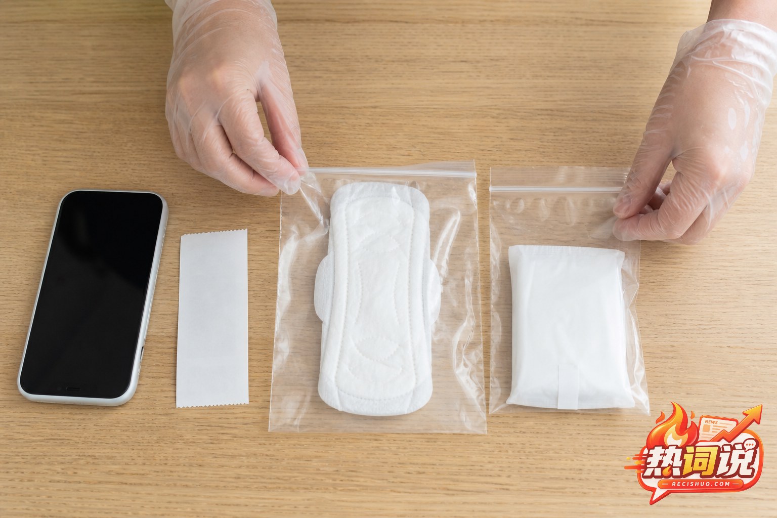消费者戴手套将卫生用品样品和包装分别装袋留存证据