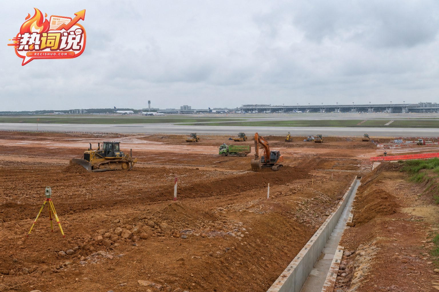 机场第二跑道扩建区域正在进行场地平整和排水施工