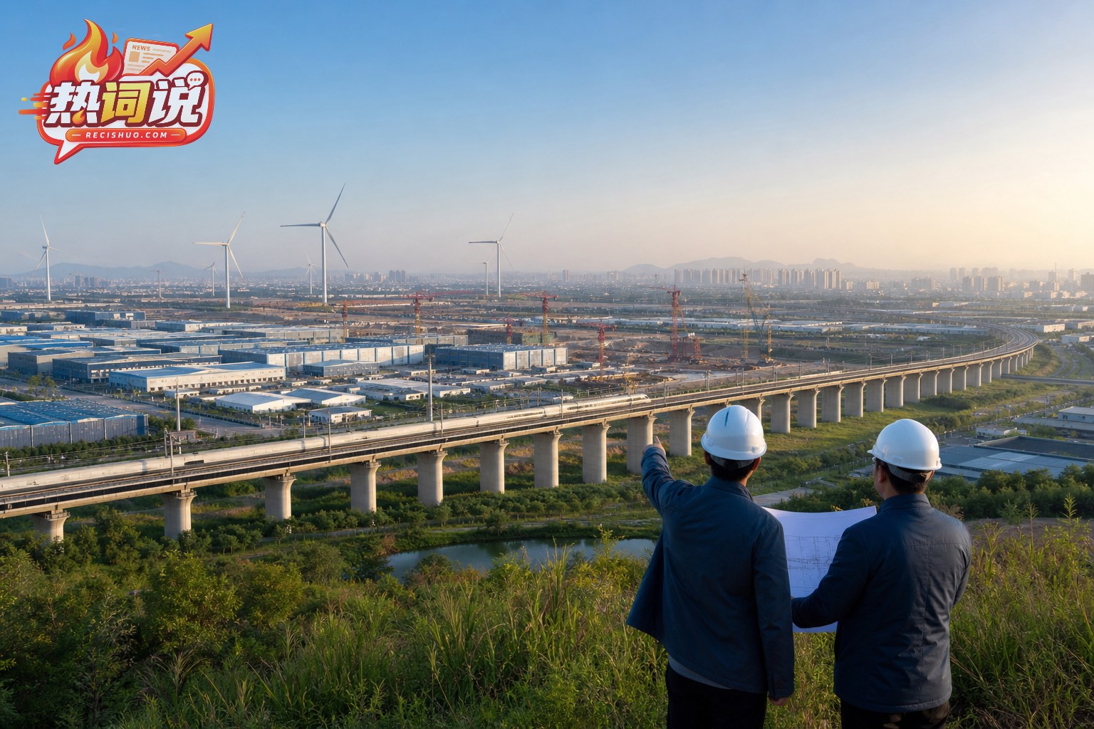 工程人员远眺铁路、产业园与新能源设施组成的城市建设场景