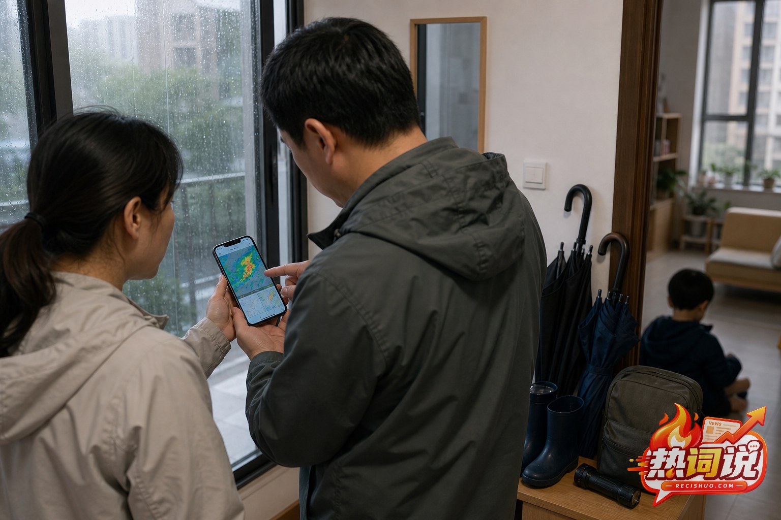 居民在雨天出门前查看手机天气雷达并准备雨具和应急物品