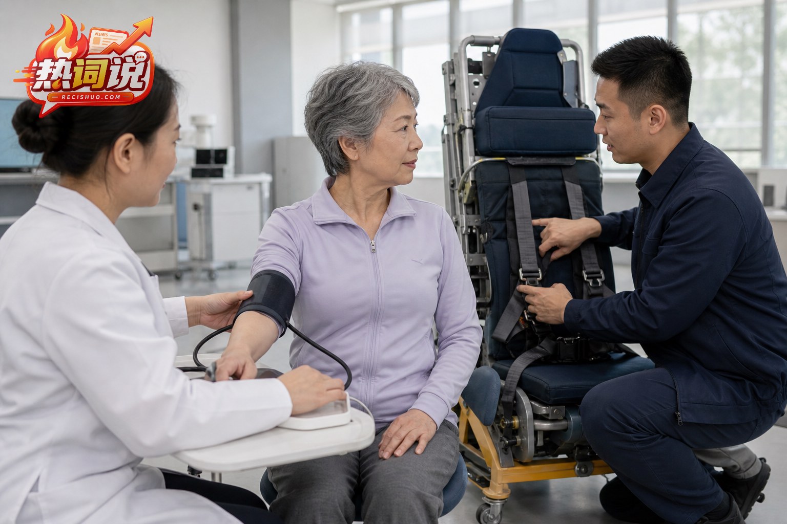 老年乘客在飞行前接受健康检查并了解安全座椅