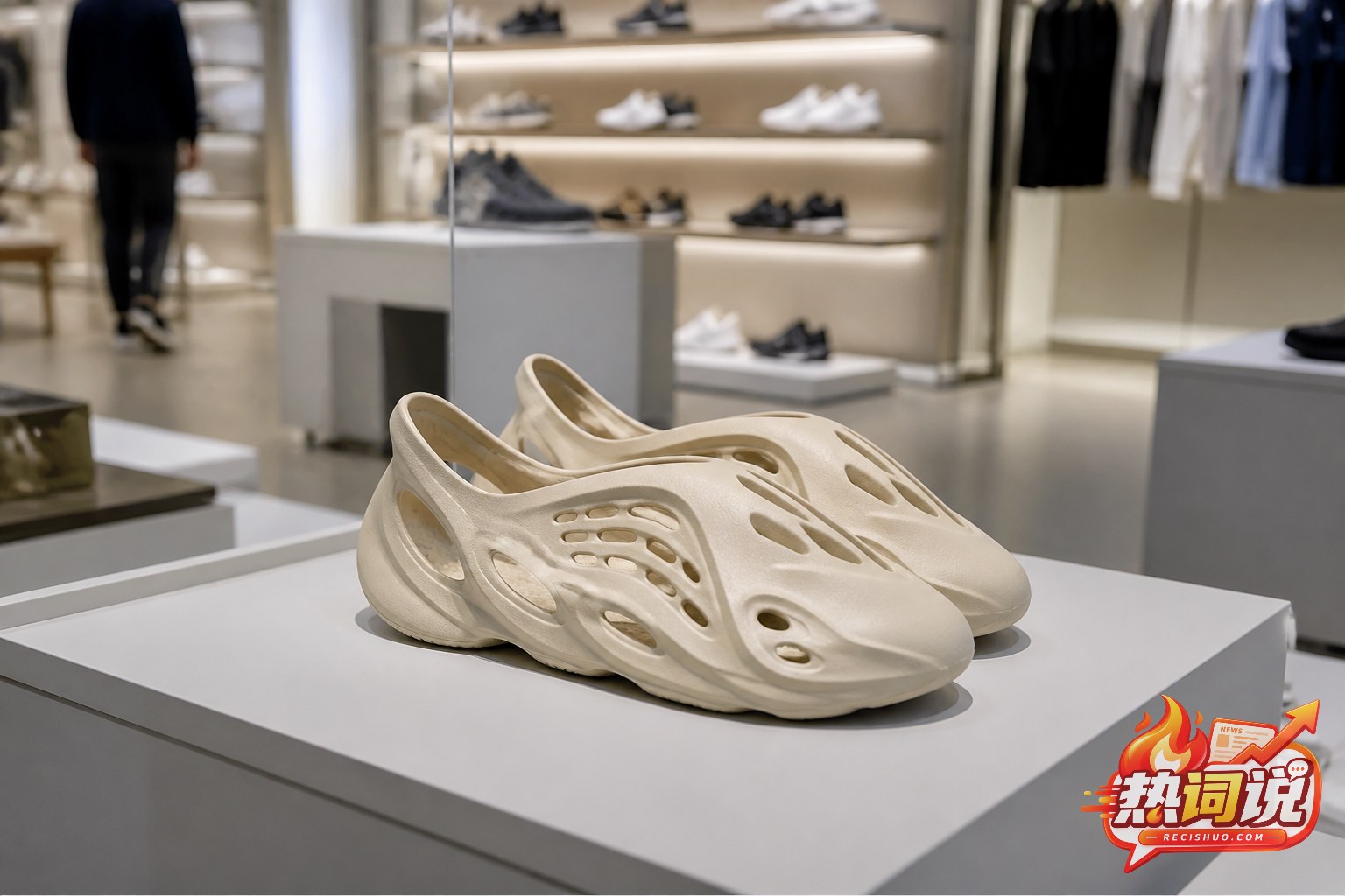 商场展示台上的浅色洞洞鞋与冷清的鞋店环境
