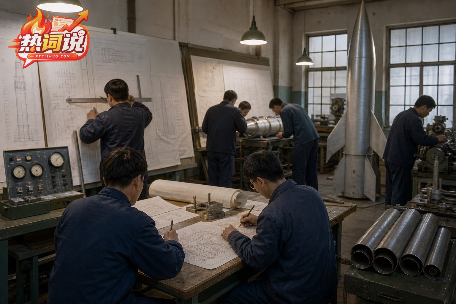 早期航天科研人员在朴素厂房内绘图并研制探空火箭的历史场景重现