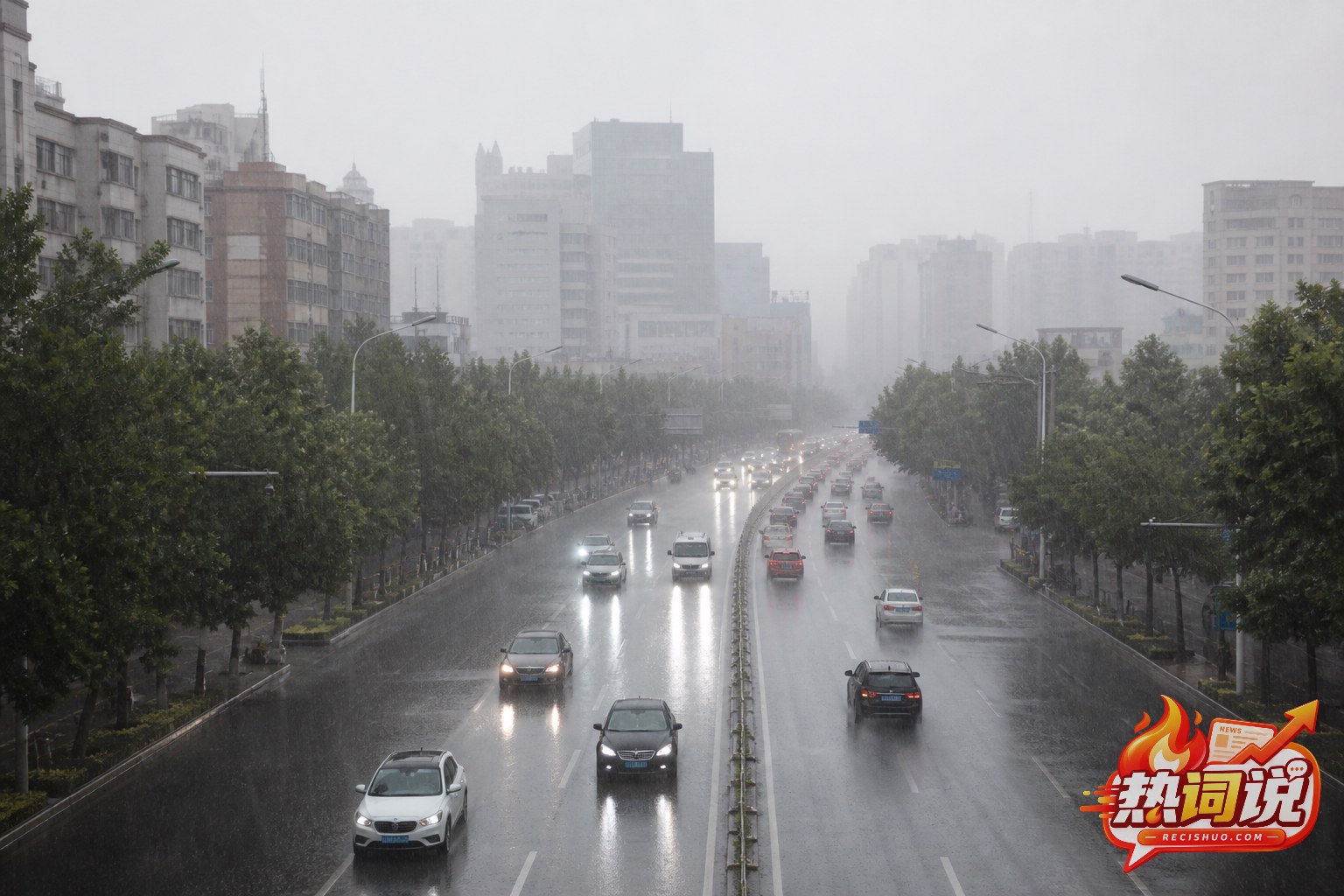 强降雨笼罩城市主干道,车辆在雨幕中谨慎通行