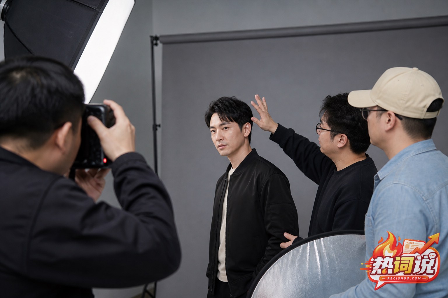 摄影棚内摄影师和工作人员为男演员拍摄合照的现场