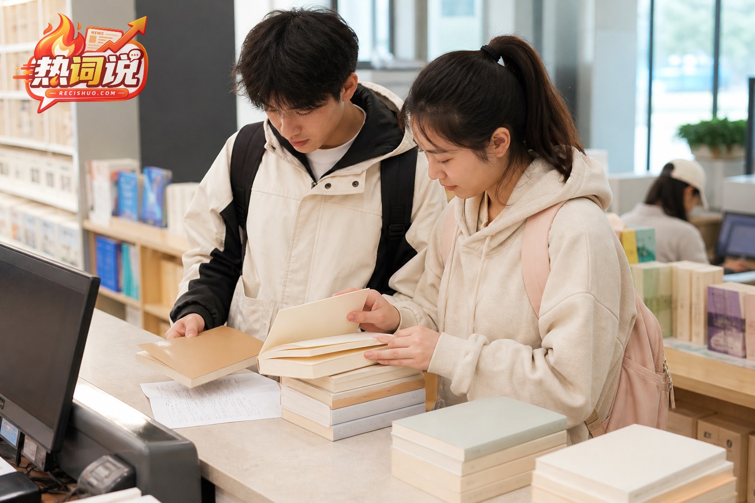 两名大学生在校园书店自主比较不同教材的场景