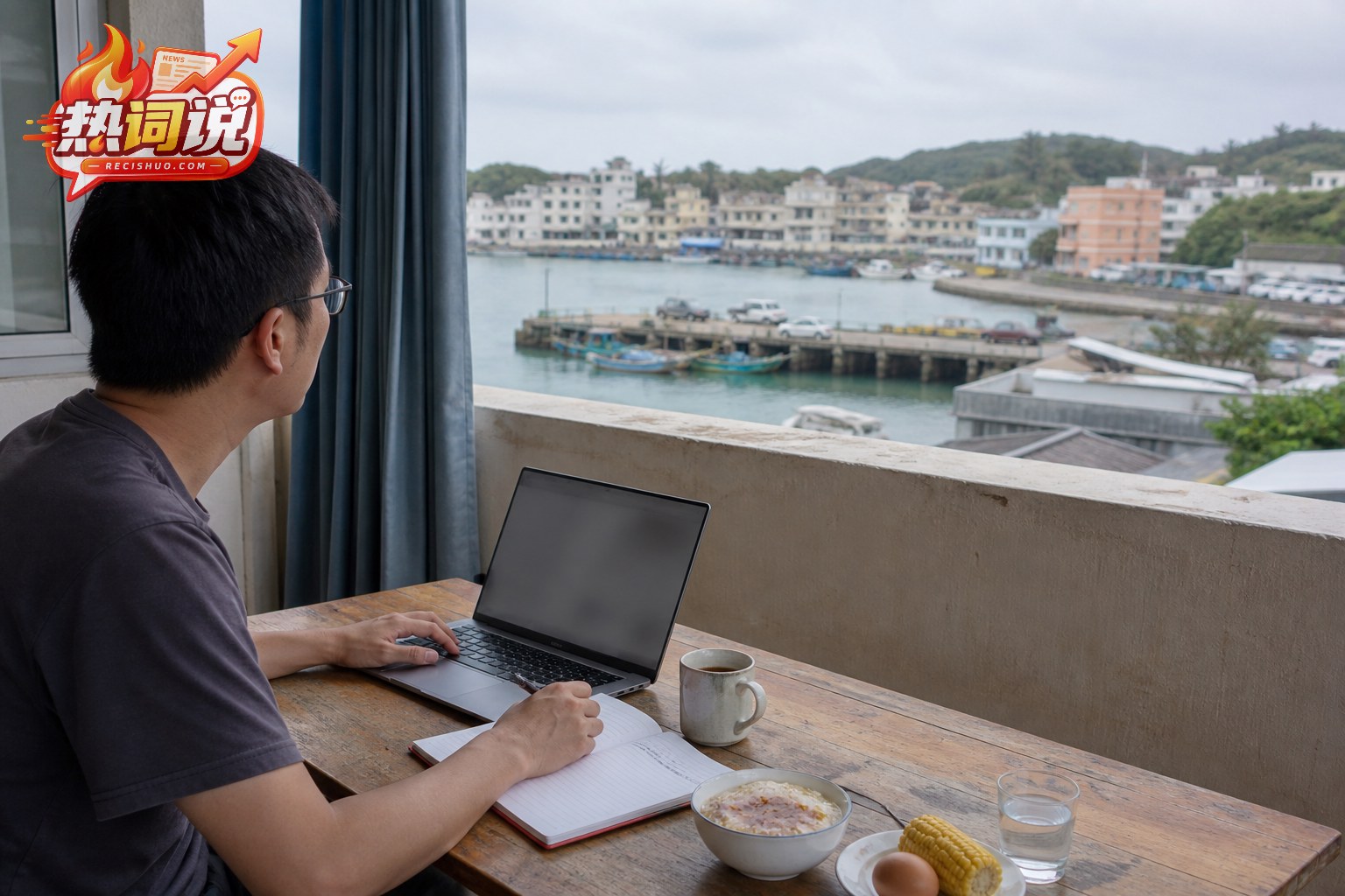 短住海岛期间,住客在能看见码头的房间里测试远程工作与日常生活