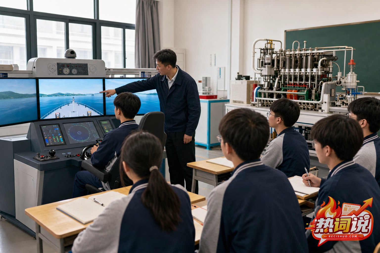 职业学校学生在教师指导下使用航海模拟设备学习