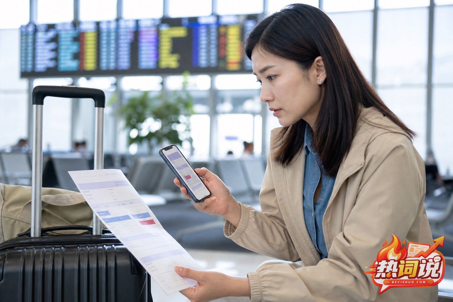 旅客在机场核对预订价格与退改条件的编辑配图