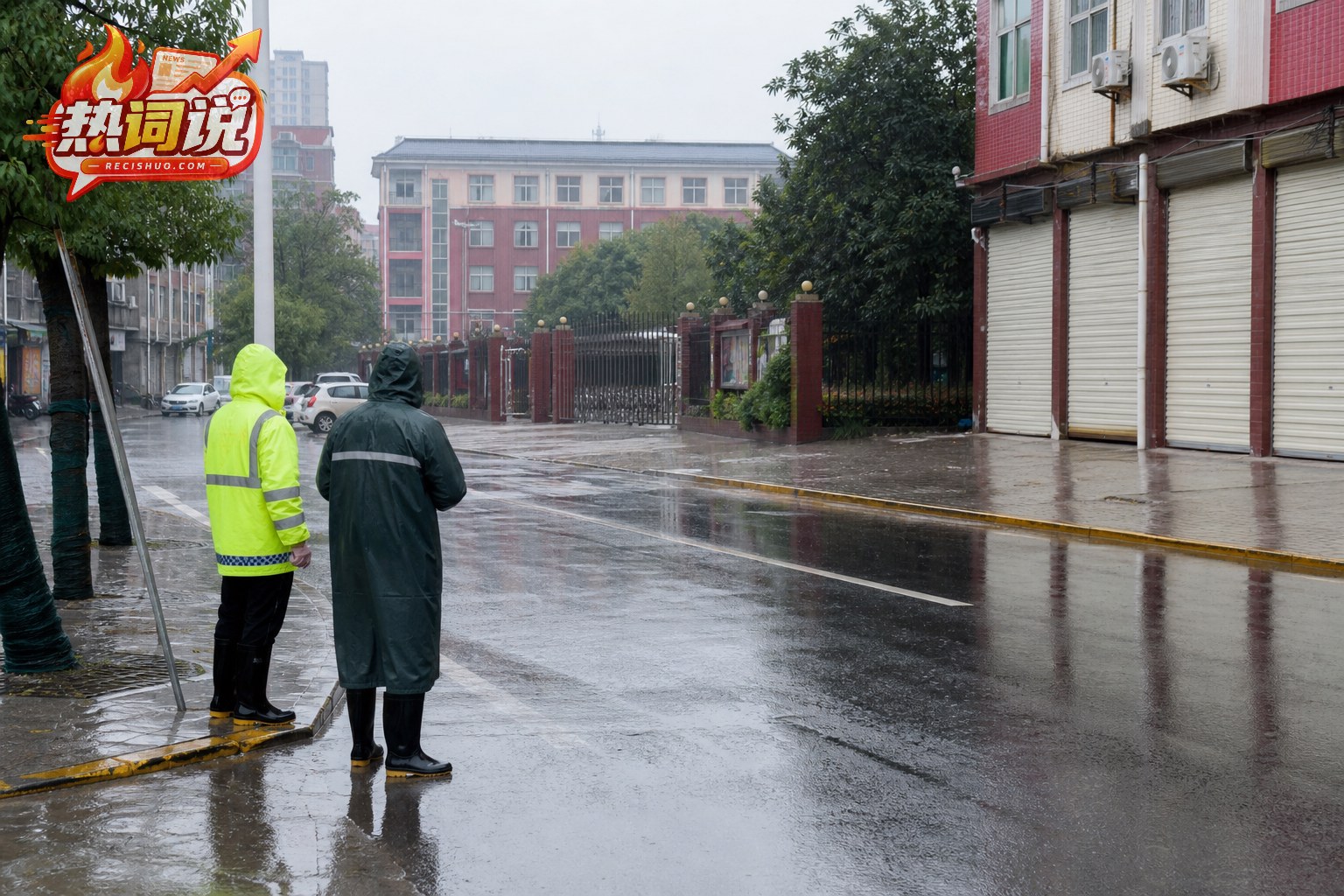 强降雨中基层工作人员在关闭的学校和商铺附近巡查道路