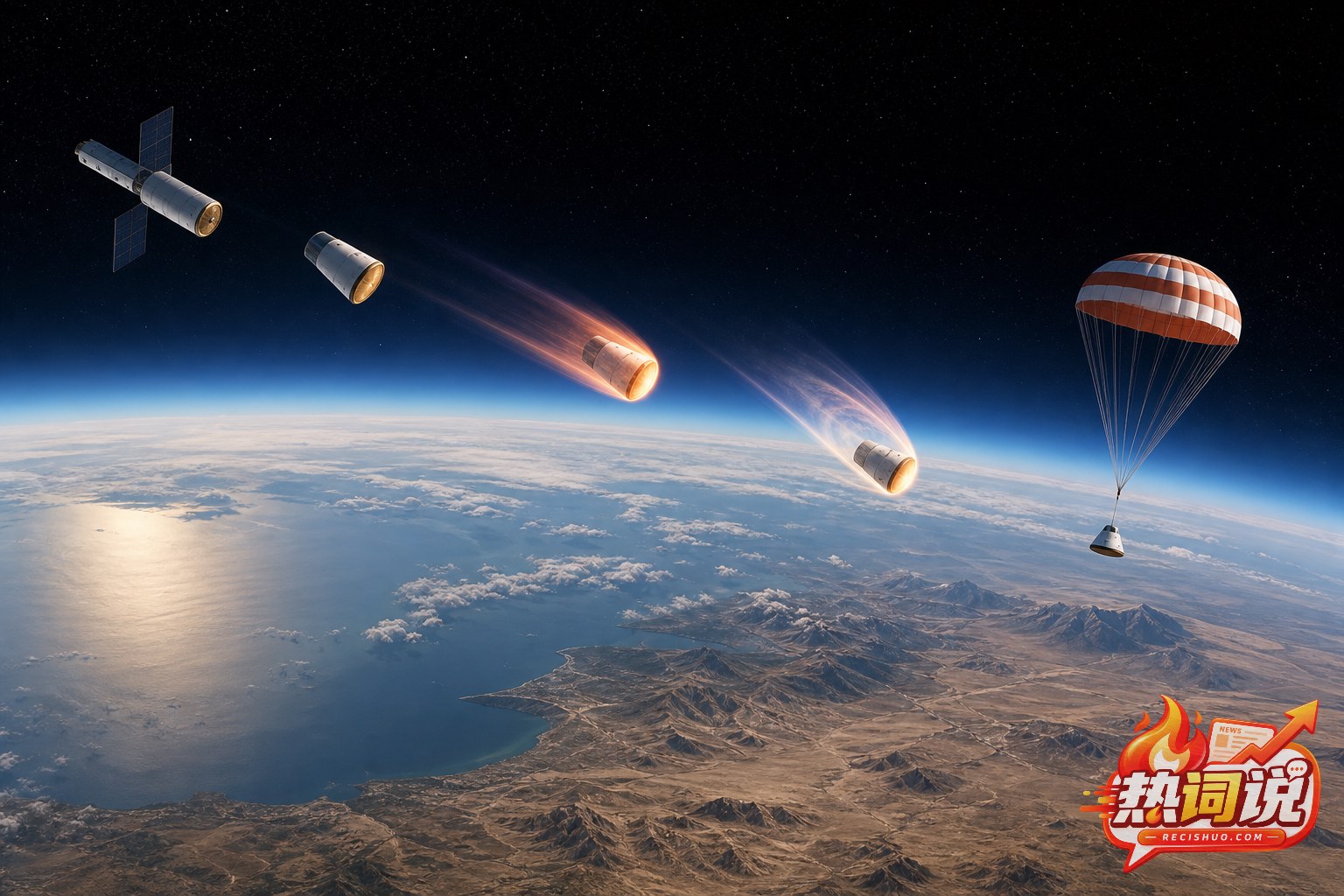 返回式卫星舱从轨道再入大气层并借助降落伞下降的技术过程示意