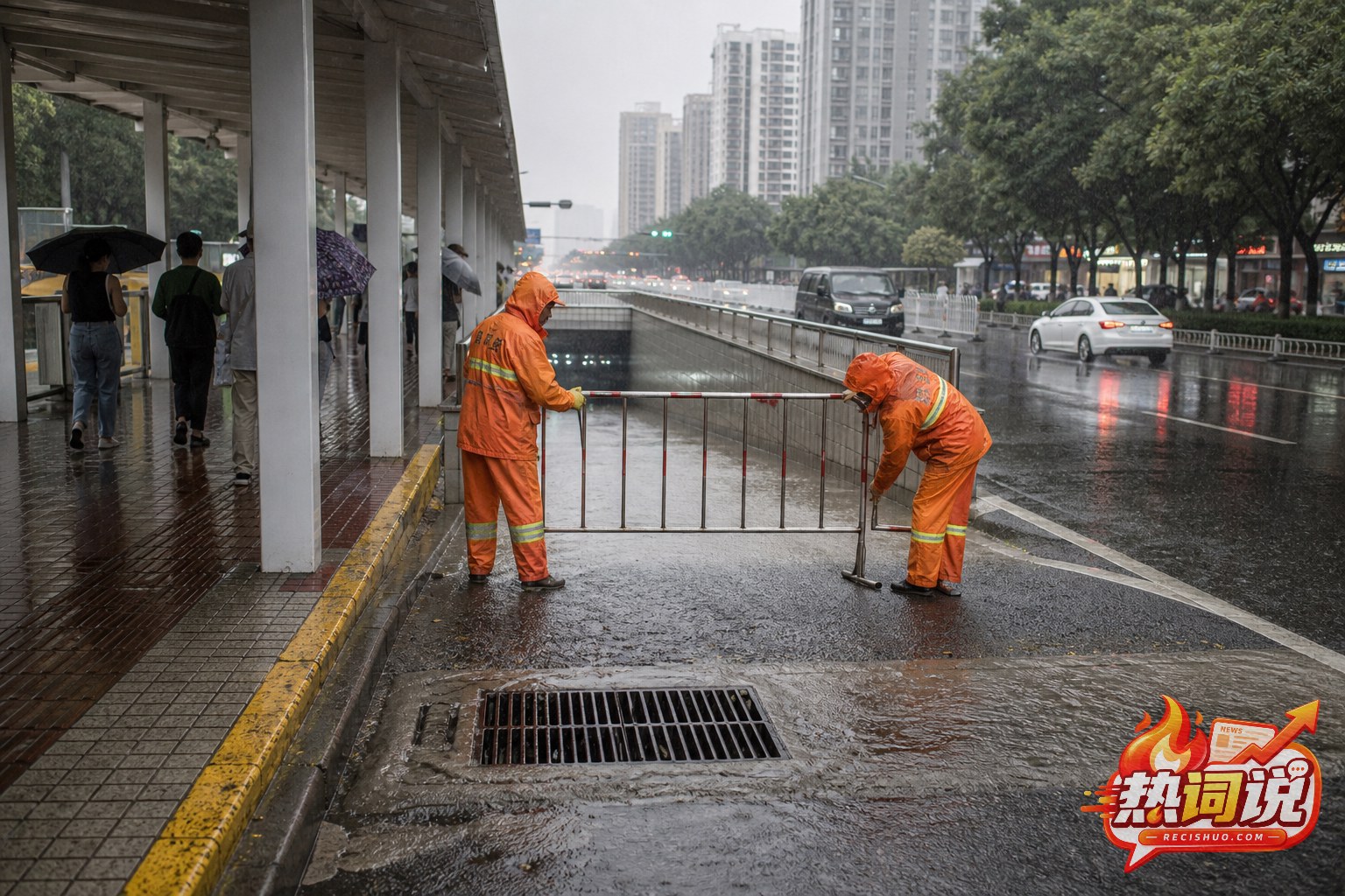 强降雨中工作人员在城市下穿通道入口设置安全隔离栏