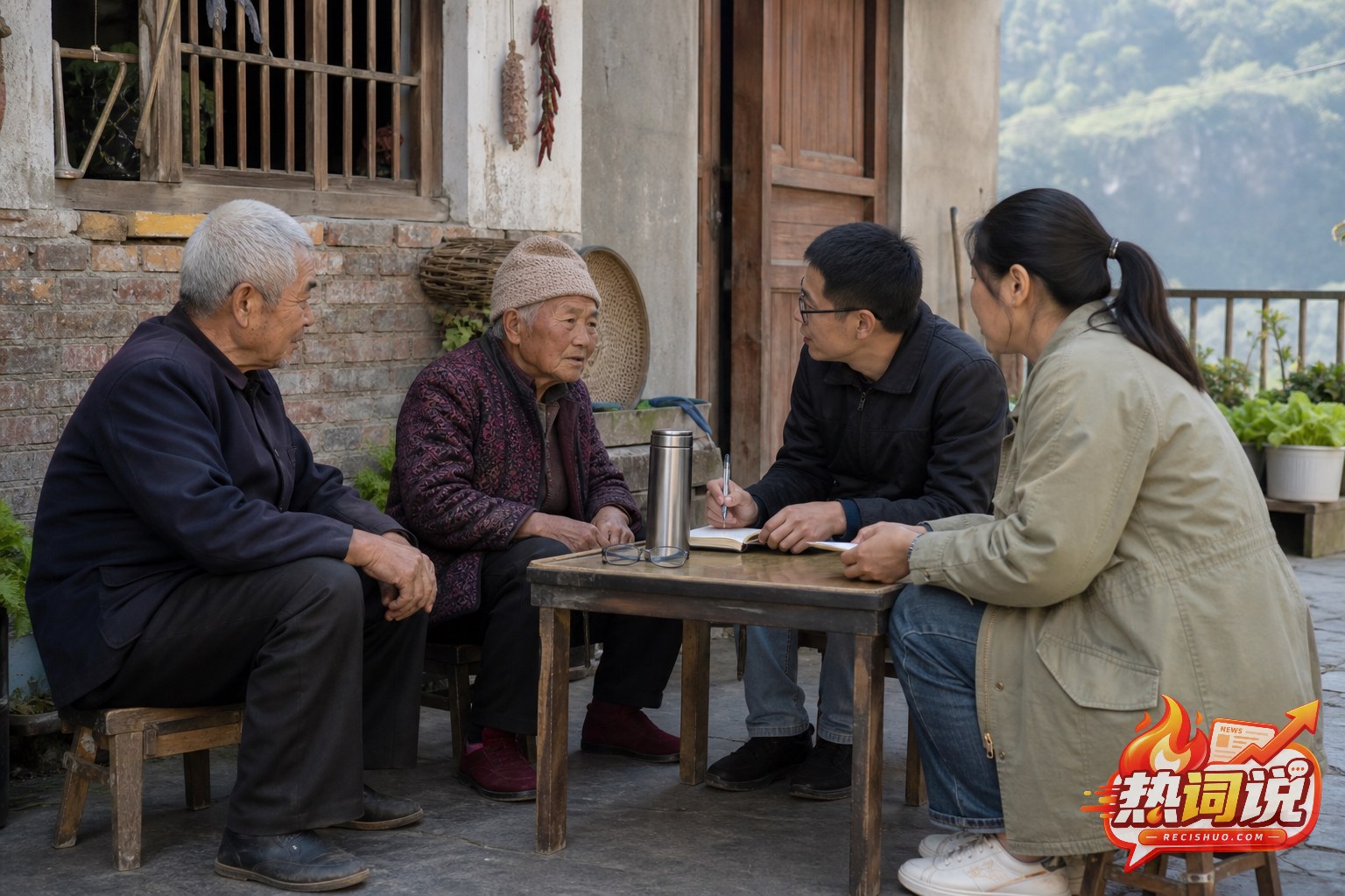 基层工作人员在农家院落认真听取老年村民的生活诉求