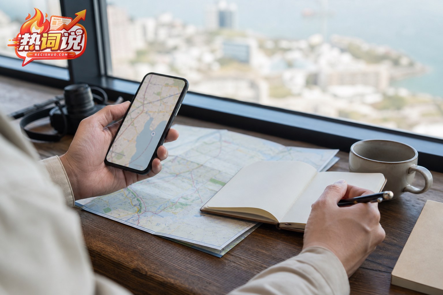 游客通过手机地图和纸质地图核对取景地出行路线