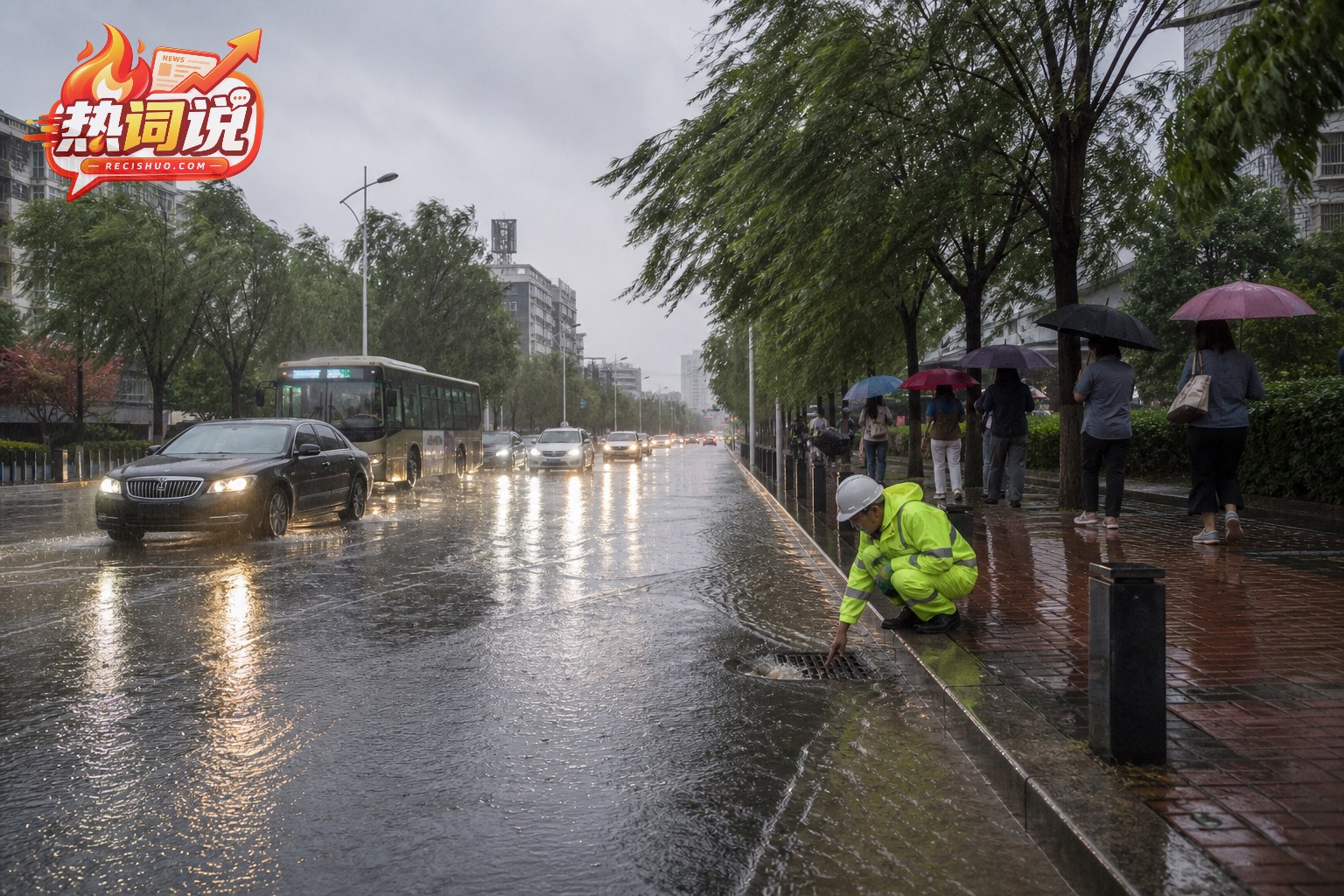 持续强降雨中工作人员检查排水口、车辆减速通行的城市街道