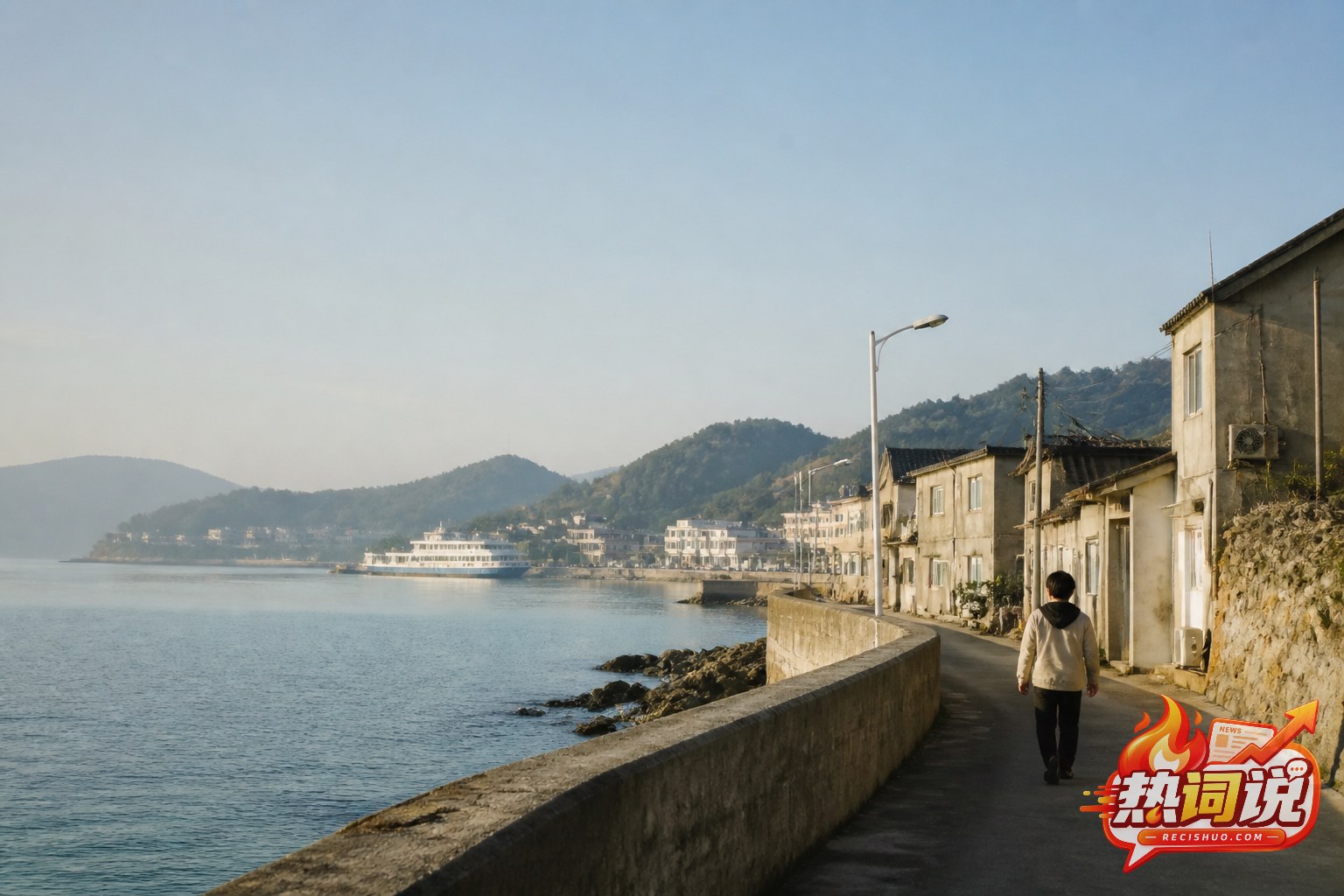 清晨海岛村落旁,一名普通居民沿着临海小路独自行走