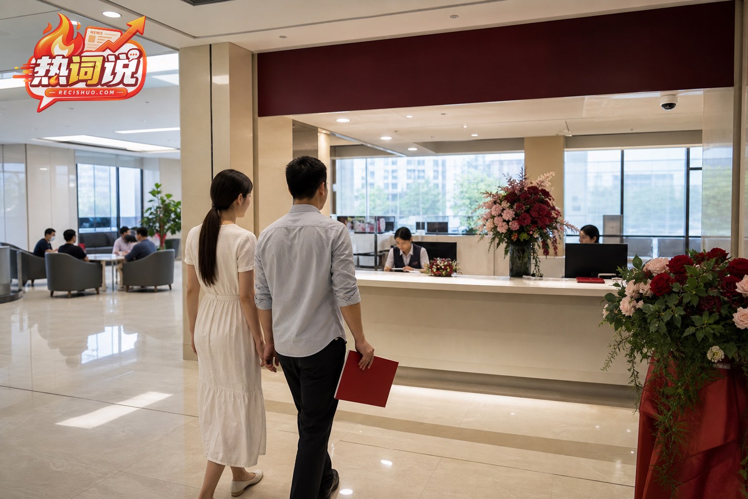 一对年轻人走向设在现代银行大厅内的公共服务登记柜台