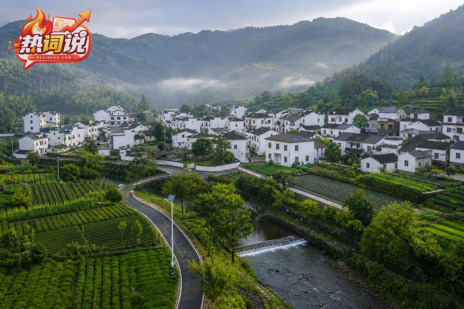 青山茶园与溪流环绕的浙江白墙黛瓦村庄全景