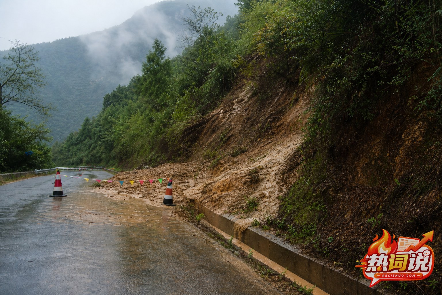 河南山区雨后边坡出现泥水冲刷,临近道路已设置安全隔离区域
