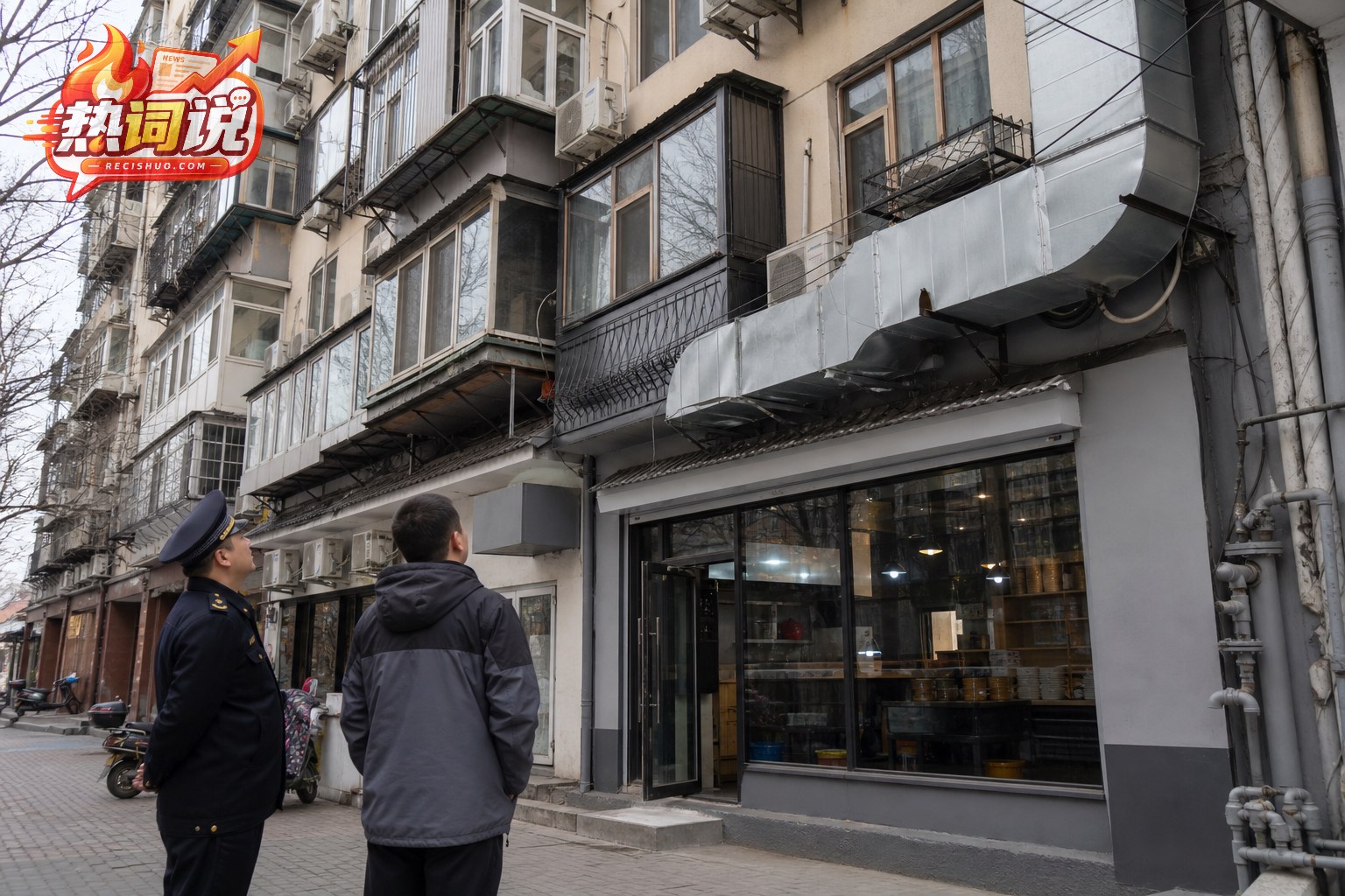 居民住宅楼底商外,工作人员与经营者共同查看餐饮店排烟设施
