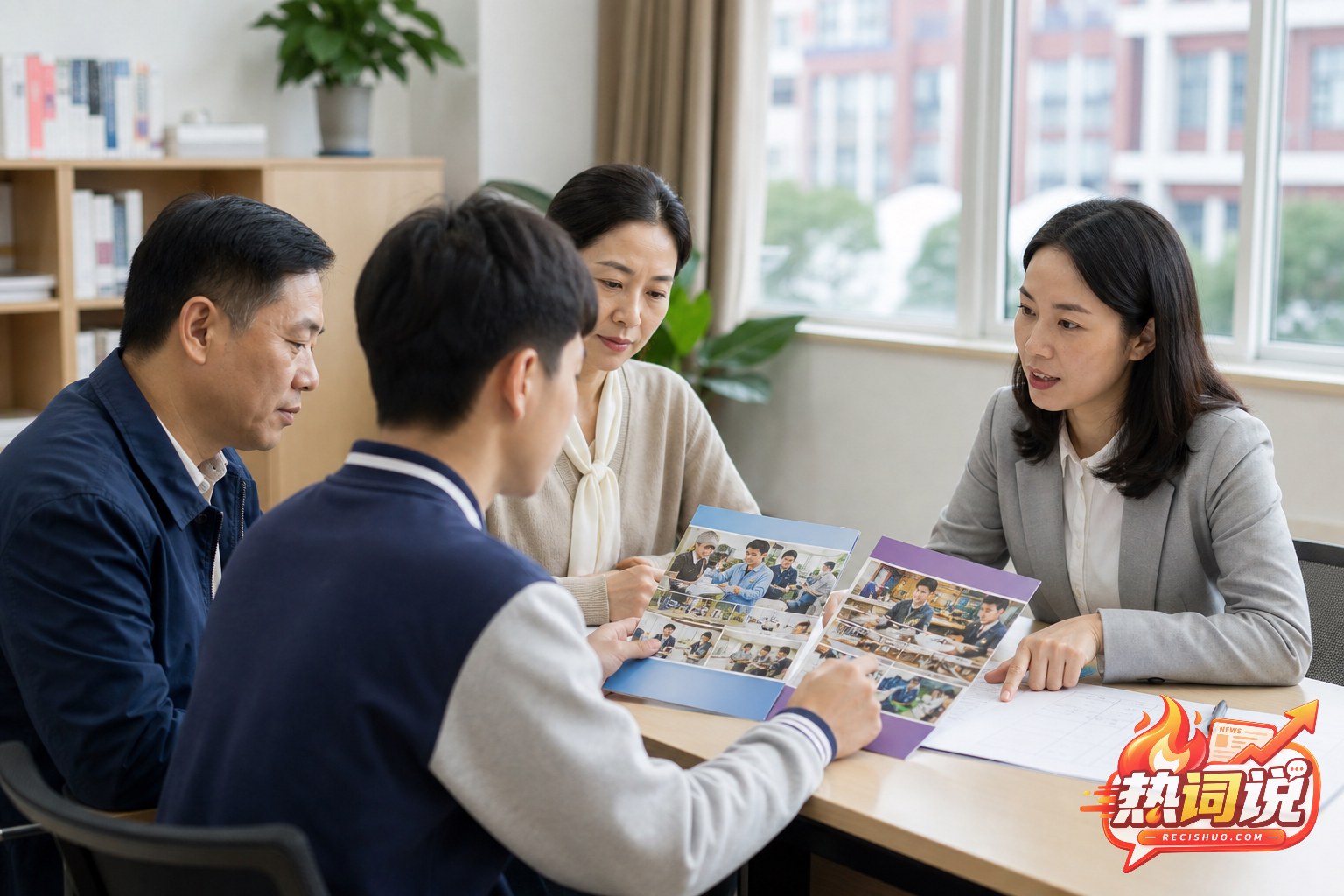学生与家长在学校咨询室共同了解不同升学路径