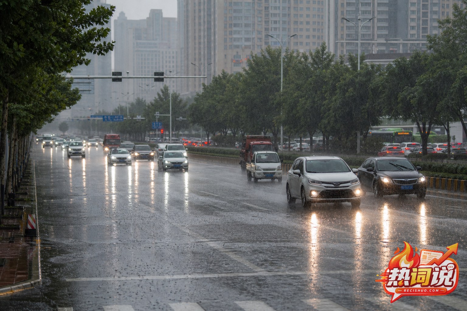 河南城市道路遭遇强降雨,车辆开启车灯在湿滑路面谨慎通行