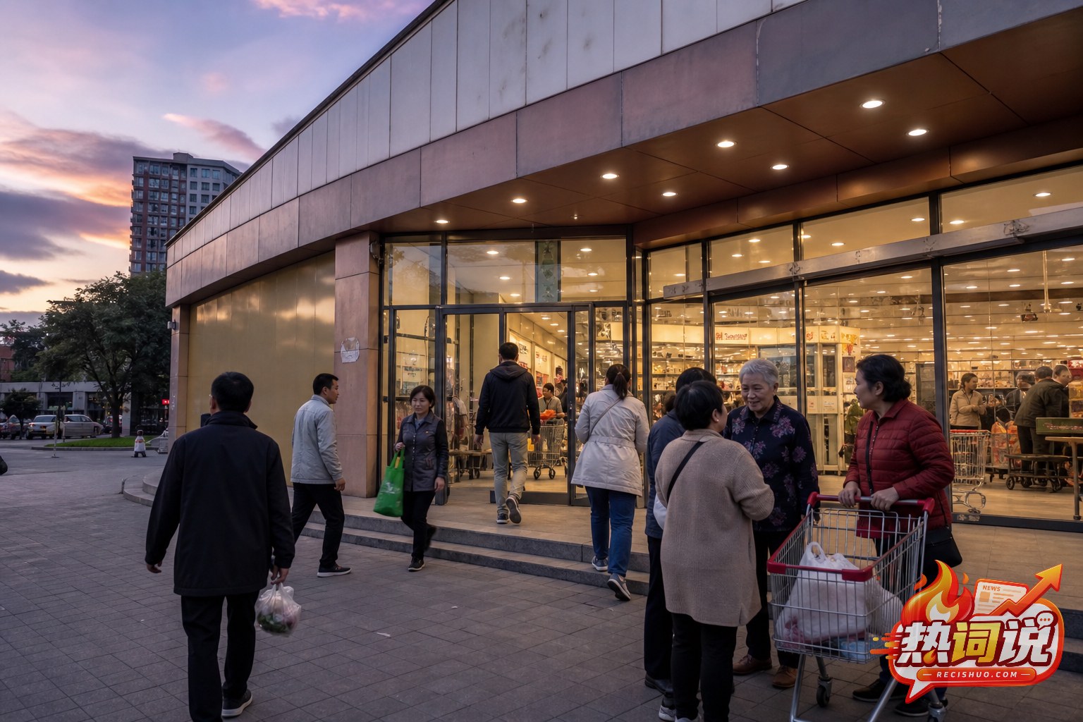 傍晚城市社区大型生活超市外顾客有序进出并交流的纪实场景