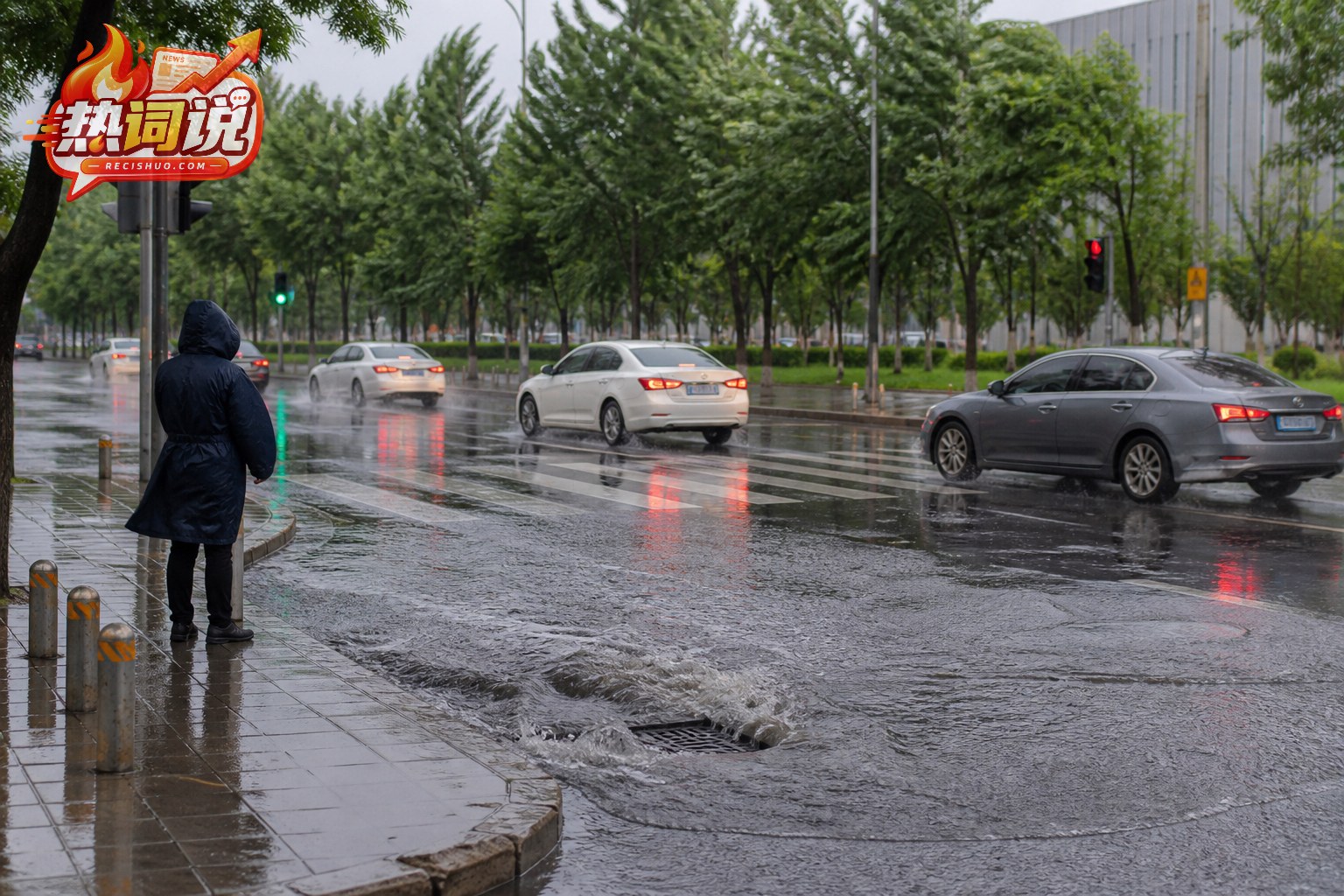 强降雨过后江苏城市道路车辆低速通过浅积水路段