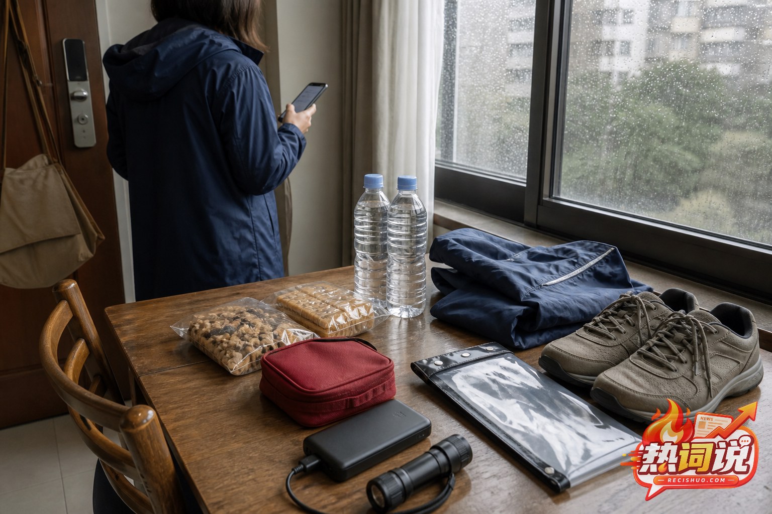 居民在雨天出门前检查照明、饮水和防雨用品