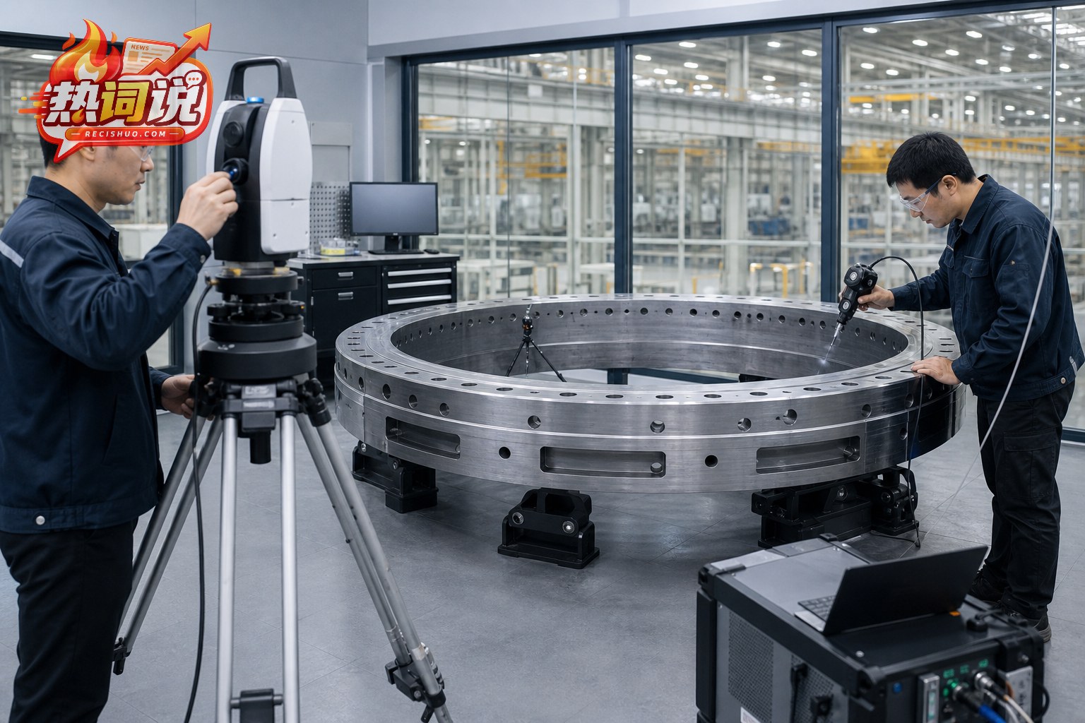 计量工程师使用专业设备检测大型金属环形部件