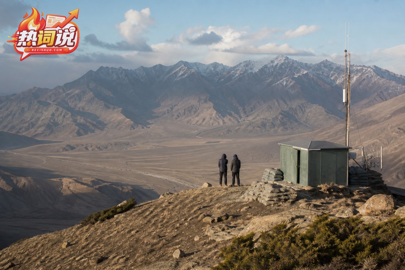 边境山地观察人员在通信设施旁眺望安静山谷