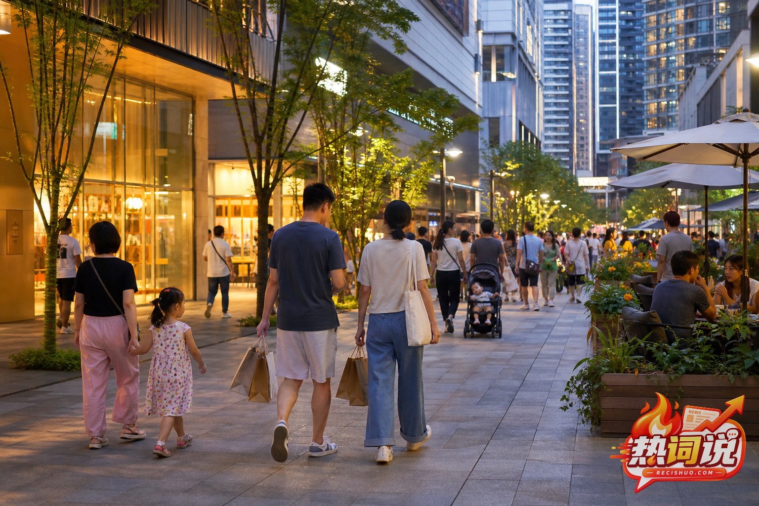 傍晚城市商业街区内居民购物、就餐和休闲的消费场景