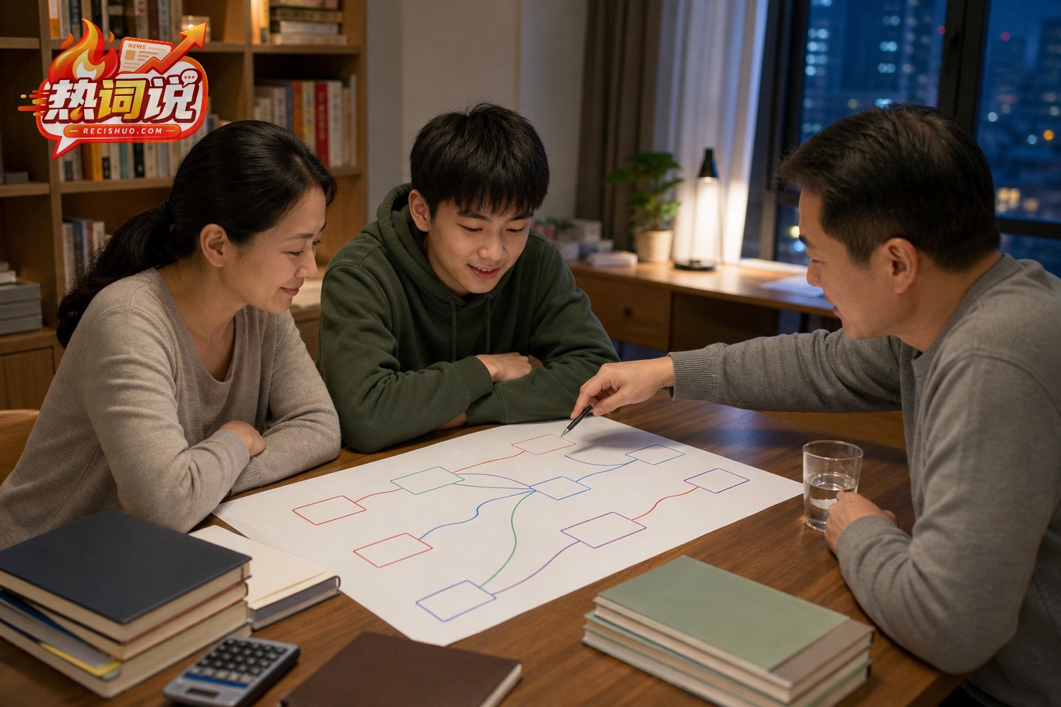 一家三口在家中梳理不同教育路径及其衔接关系