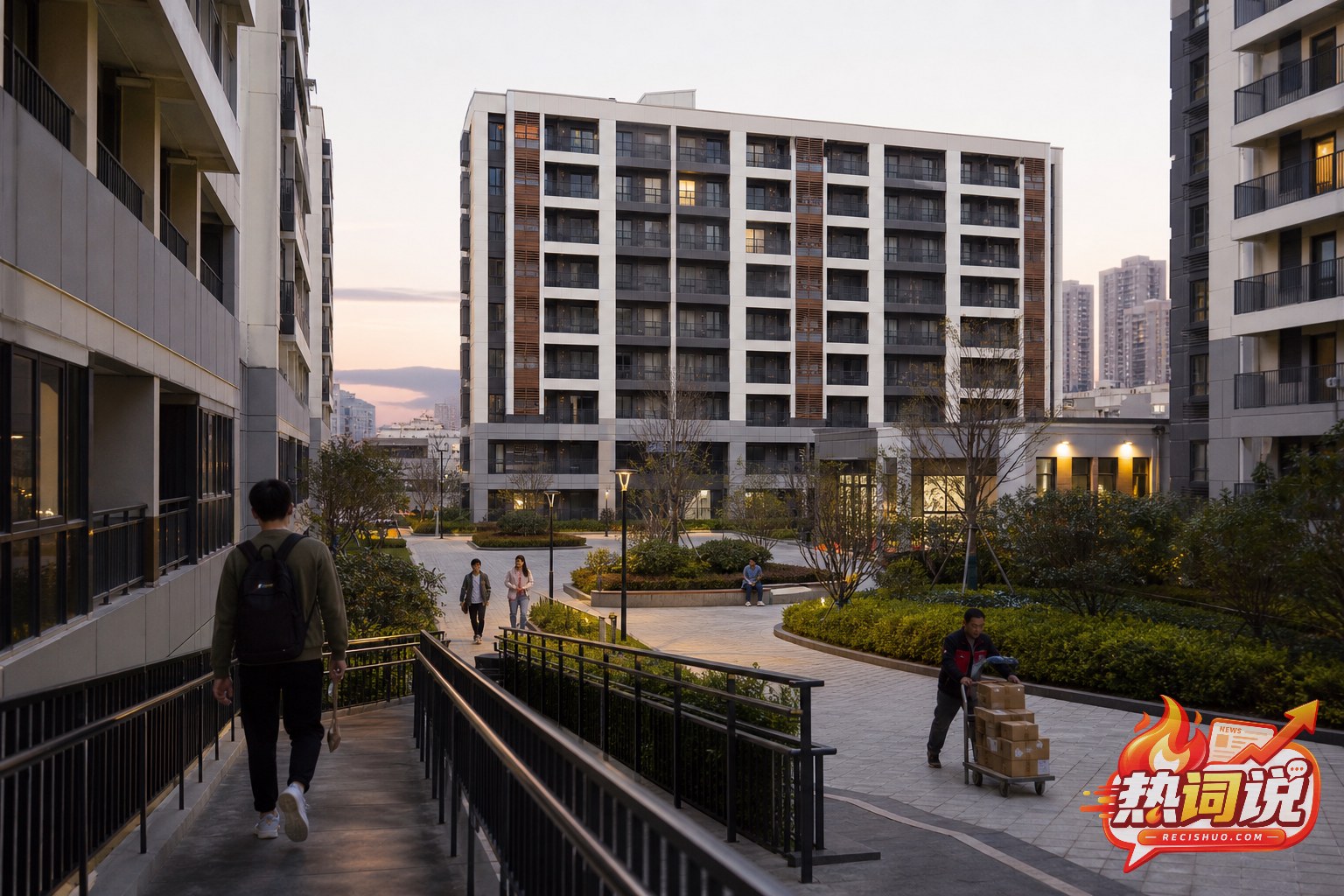 保障性租赁住房社区内,年轻住户和快递员在傍晚归来