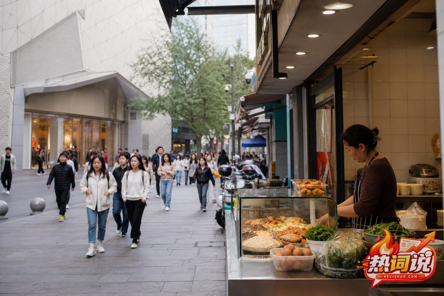 大型商场附近的小餐饮店与街区客流相互连接的日常经营场景