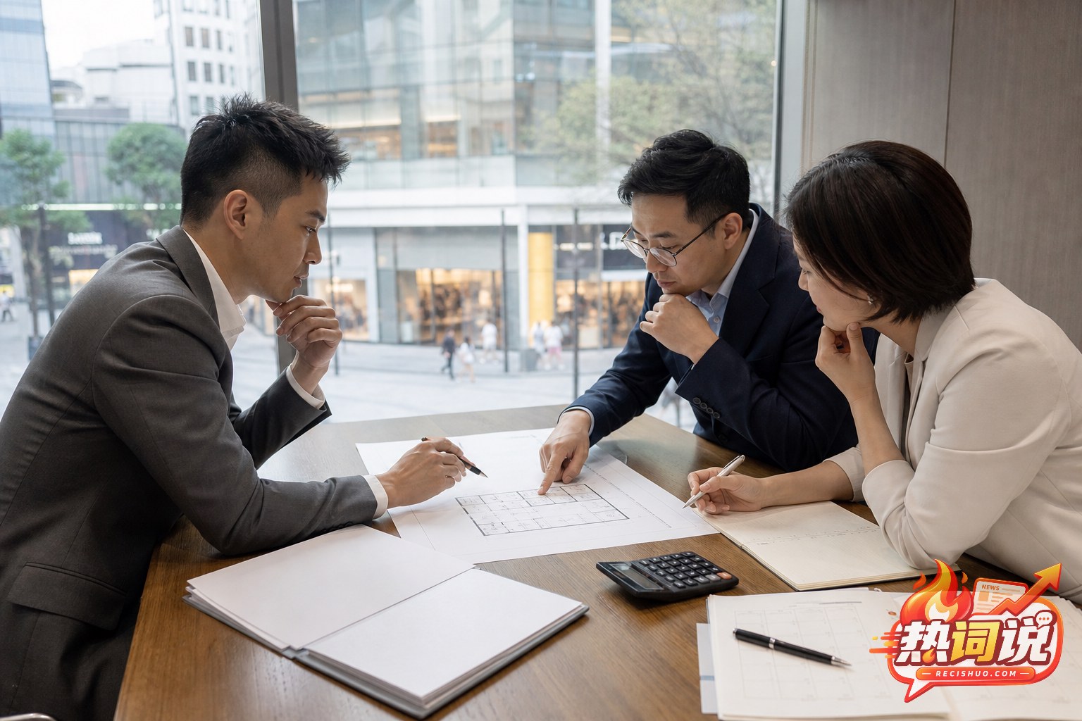 商业物业人员围绕平面图和租赁文件核算门店续租条件
