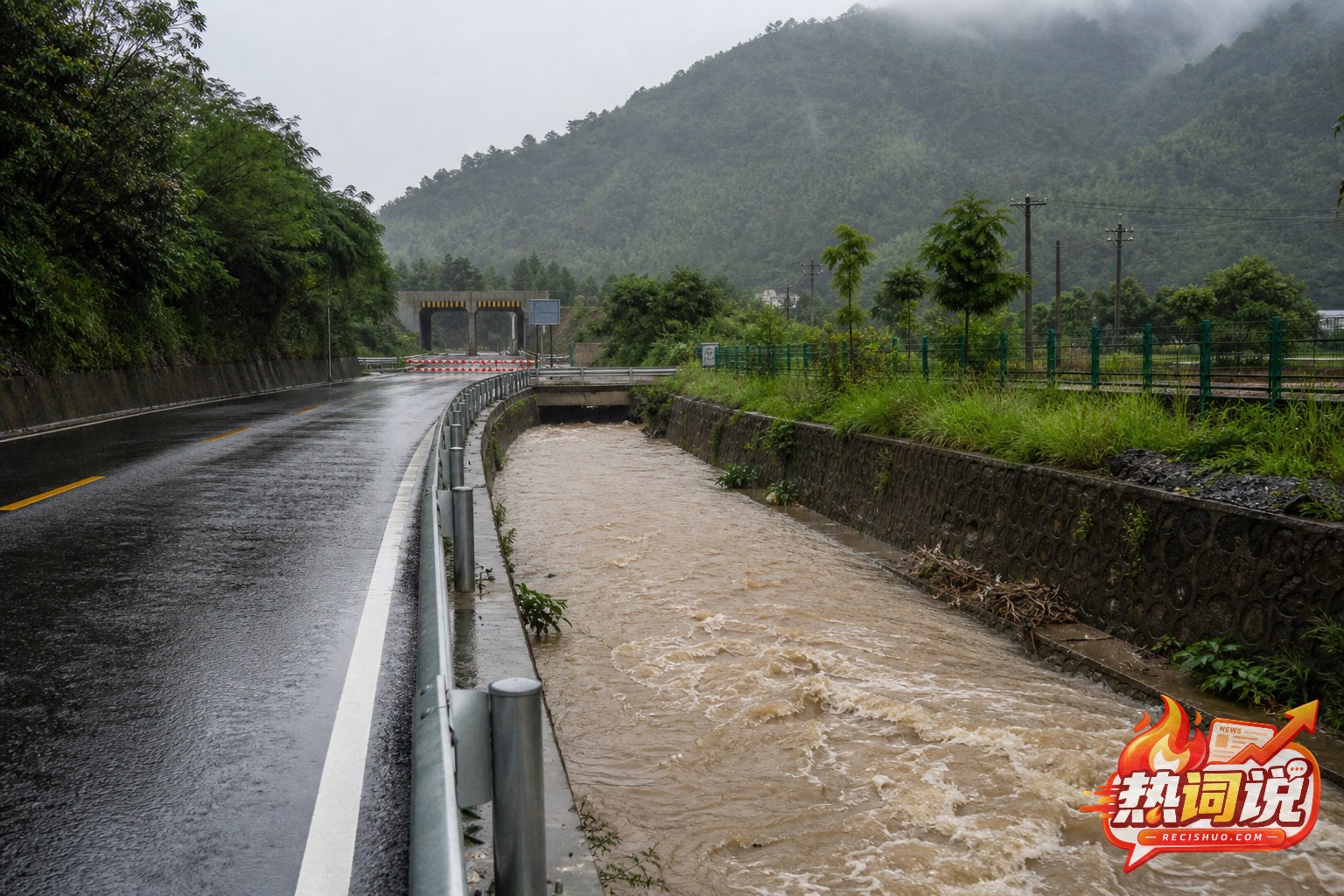 内陆县城强降雨中低洼通道封闭且道路排水加快的安全警示场景