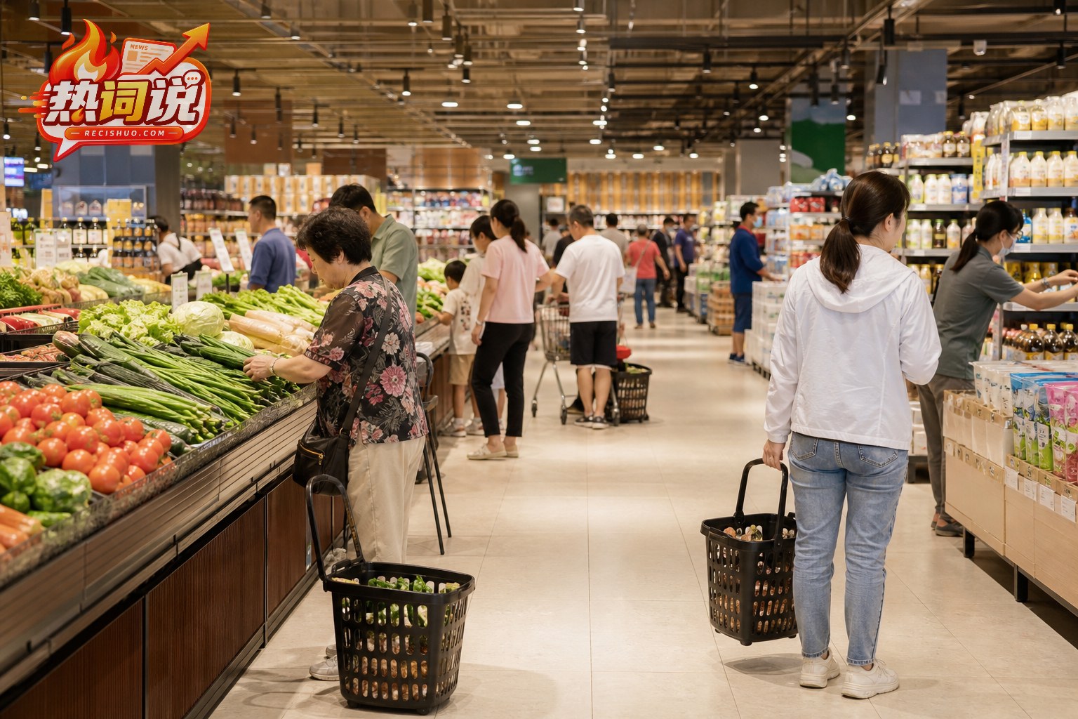 大型生活超市生鲜卖场内顾客正常选购商品的日常运营场景