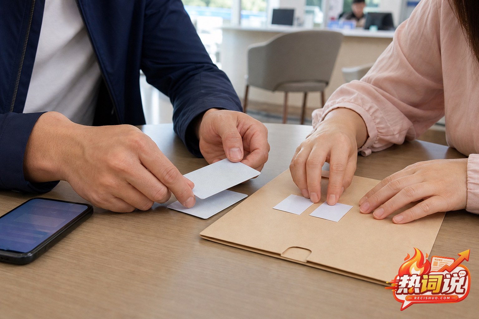 准备办理婚姻登记的两人在咨询桌上整理证件和材料
