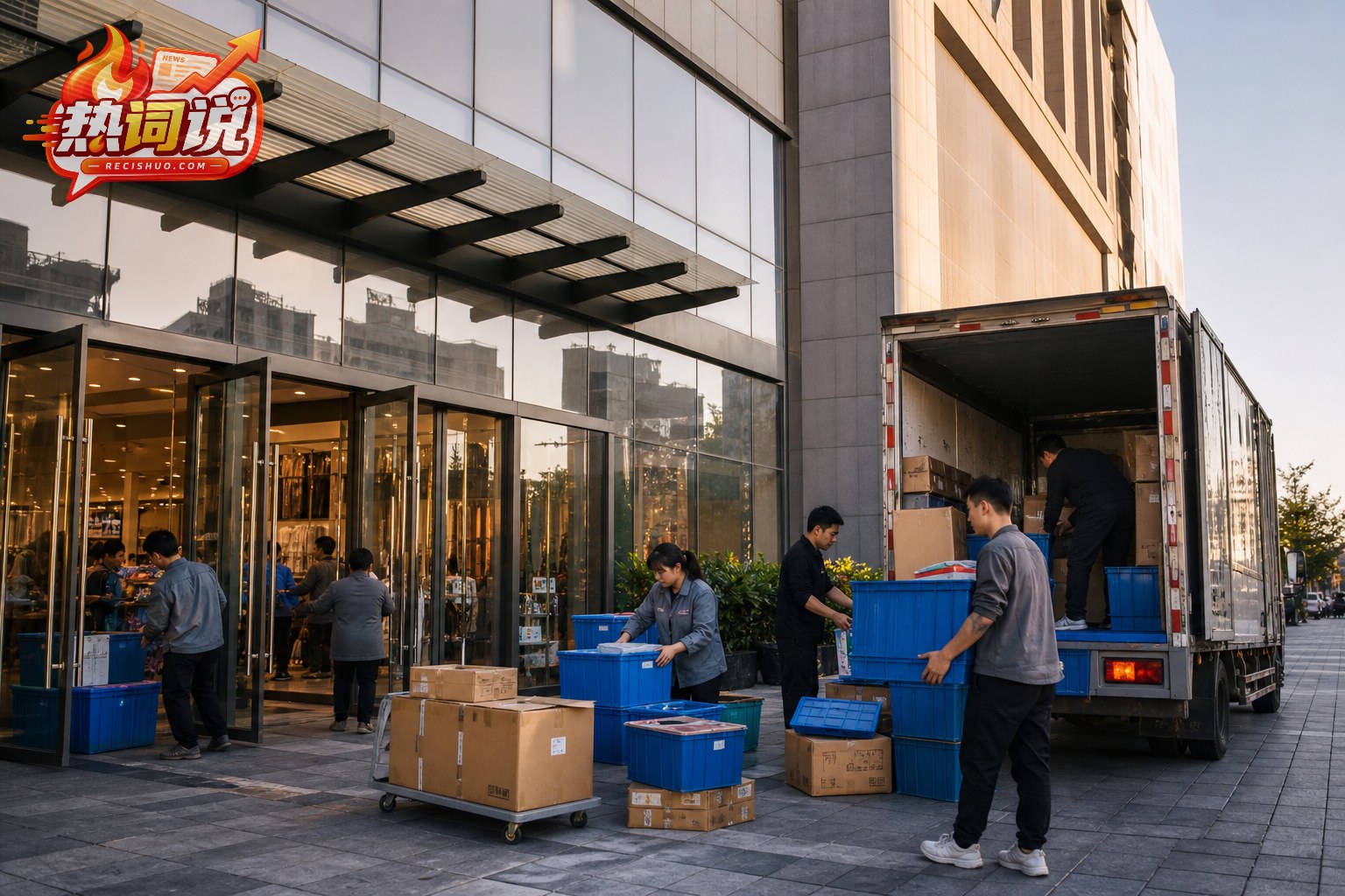 城市商业门店外,工作人员用周转箱和货车有序搬运商品的场景