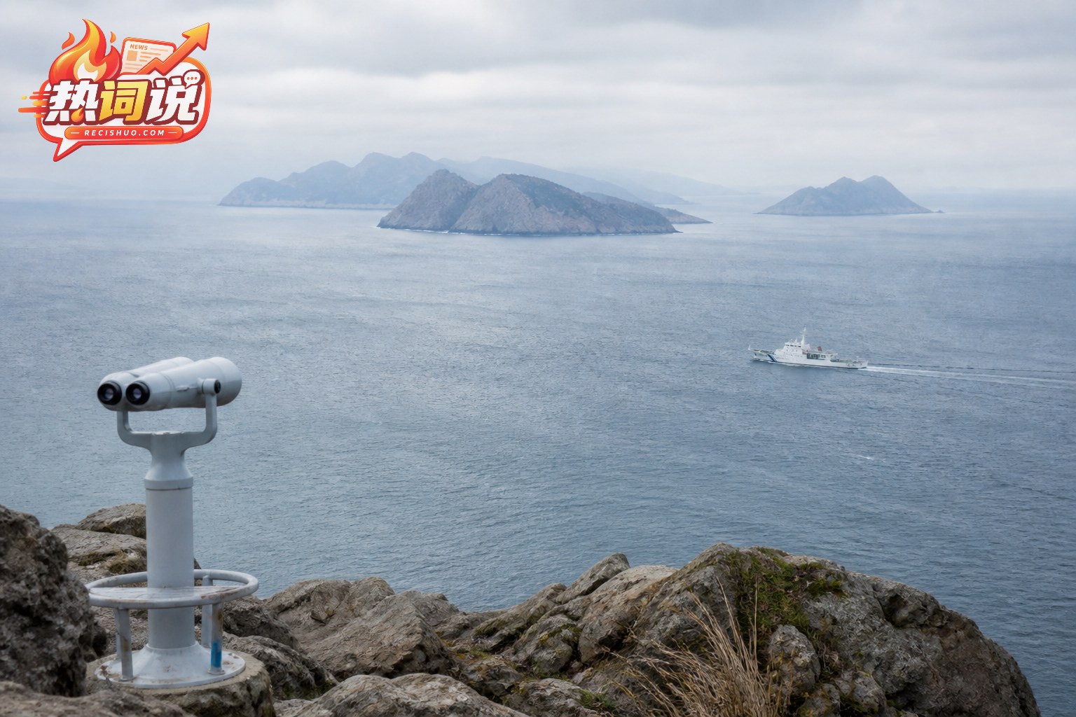 从岩石海岸眺望雾中岛屿和远处巡航船只的海域观察场景