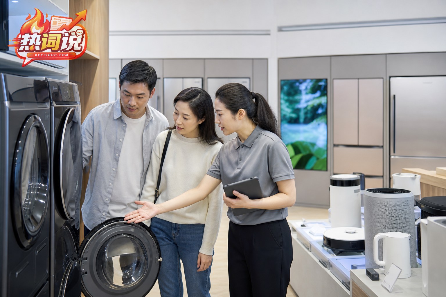 消费者在家电卖场了解洗衣机等耐用消费品