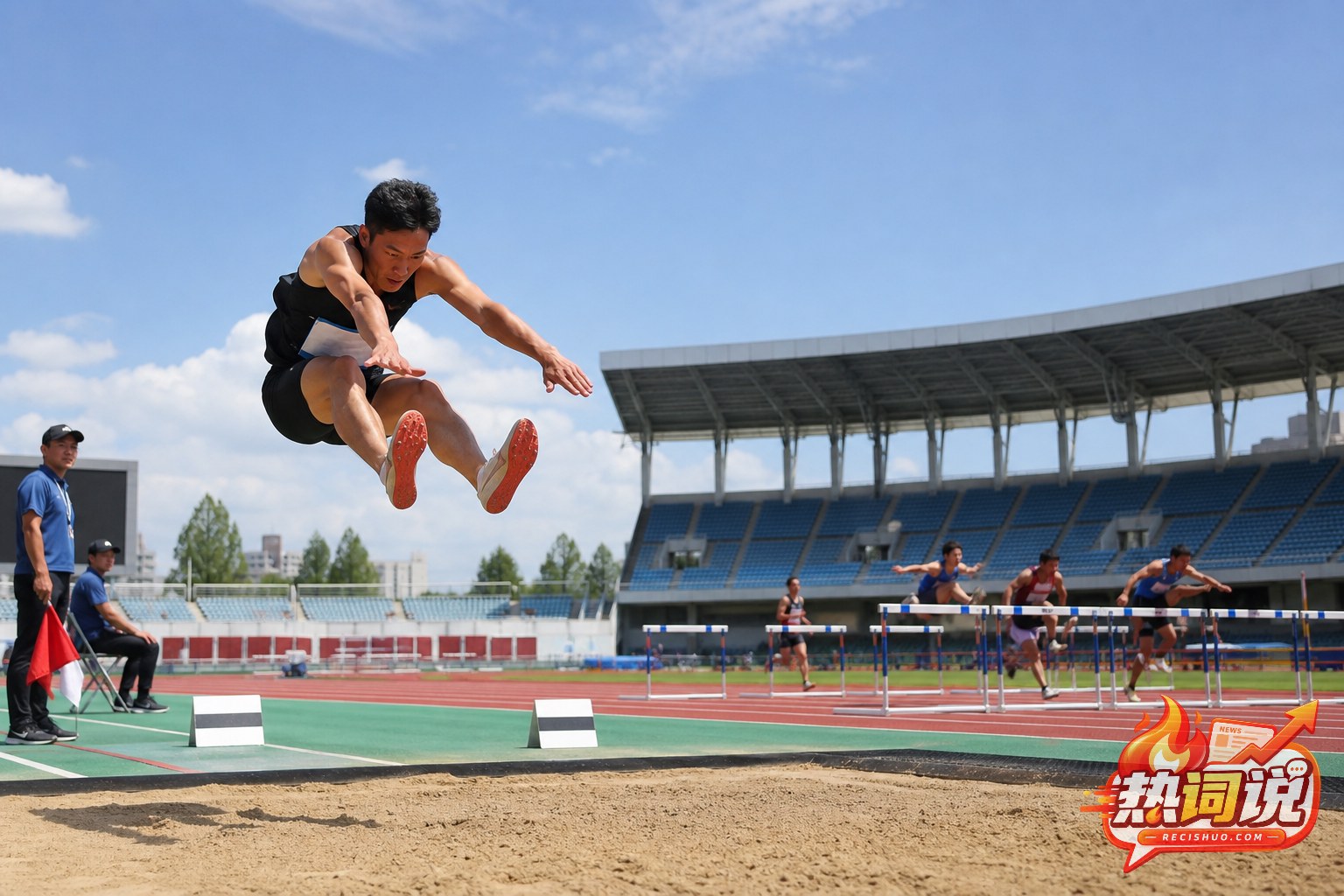 专业田径场内跳远运动员腾空起跳,远处同时进行跨栏比赛