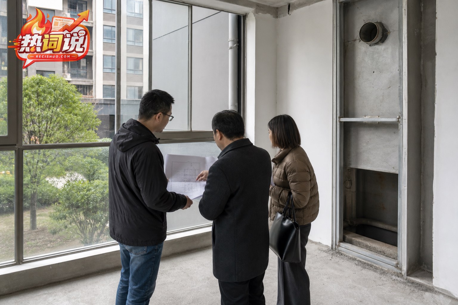 餐饮经营者、物业人员与工程人员在空置商铺内核查专用烟道