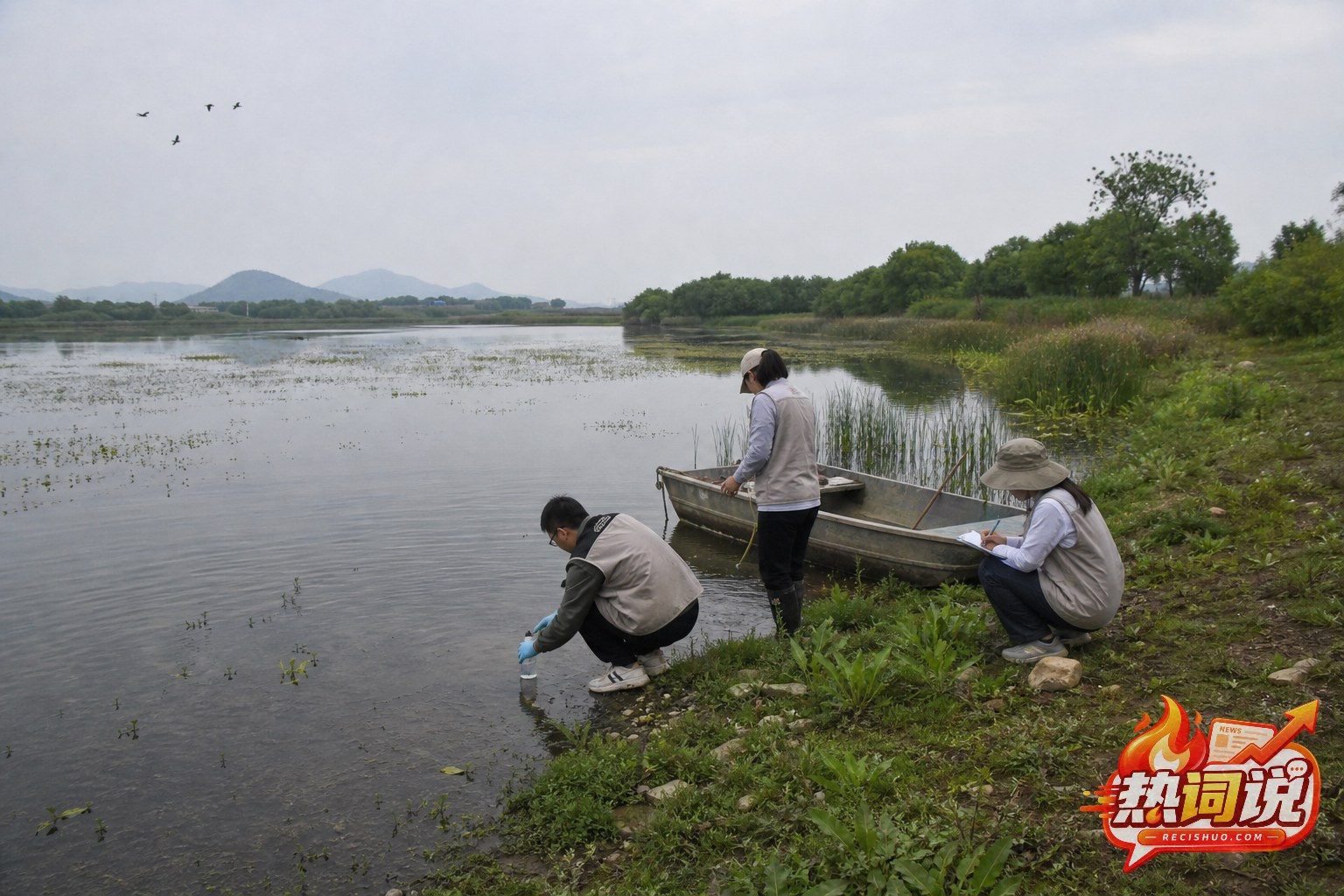 湿地岸边的环境监测人员正在采集水样并记录生态状况