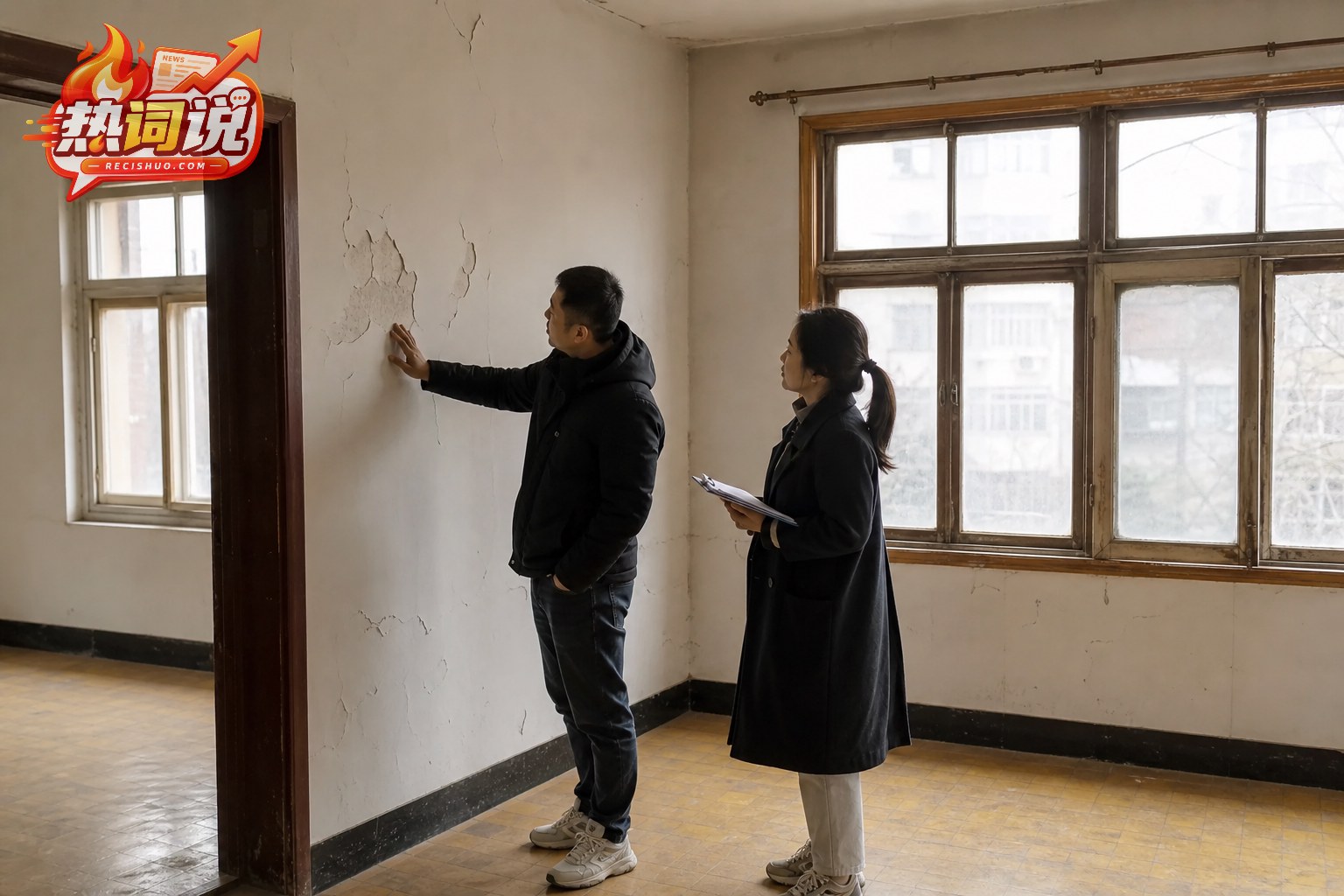 购房者与中介在老旧住宅内检查墙面和窗框