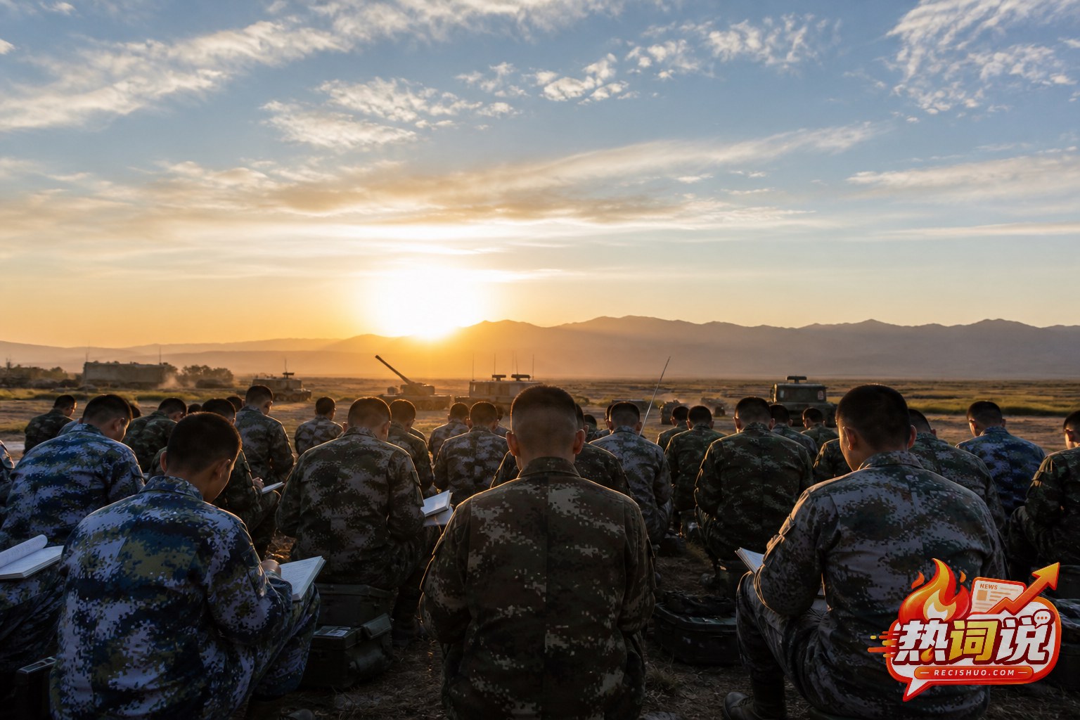 晨光下官兵在训练场开展理论学习与训练准备