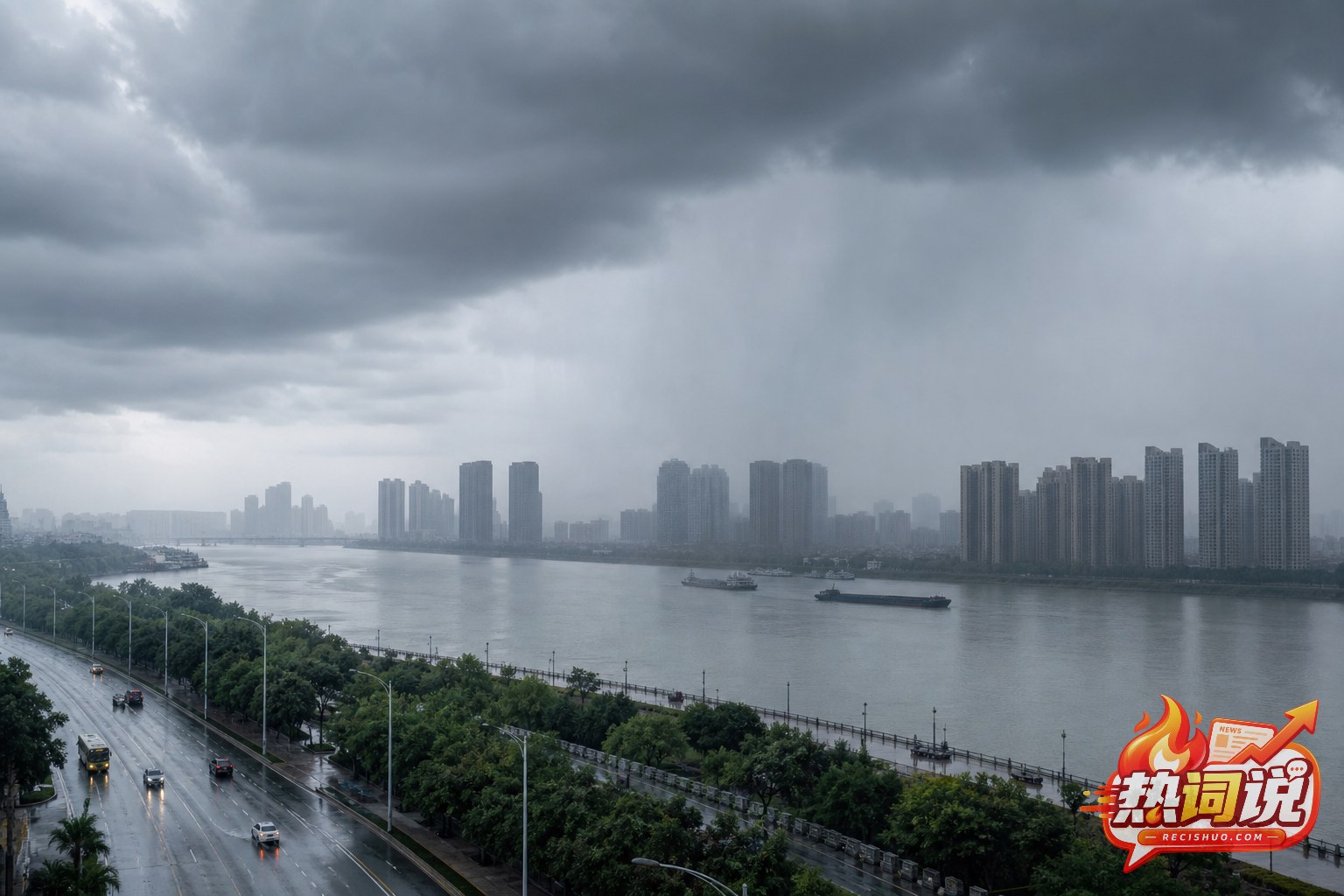 暴雨中车辆缓慢通过湿滑路面和排水口的近景