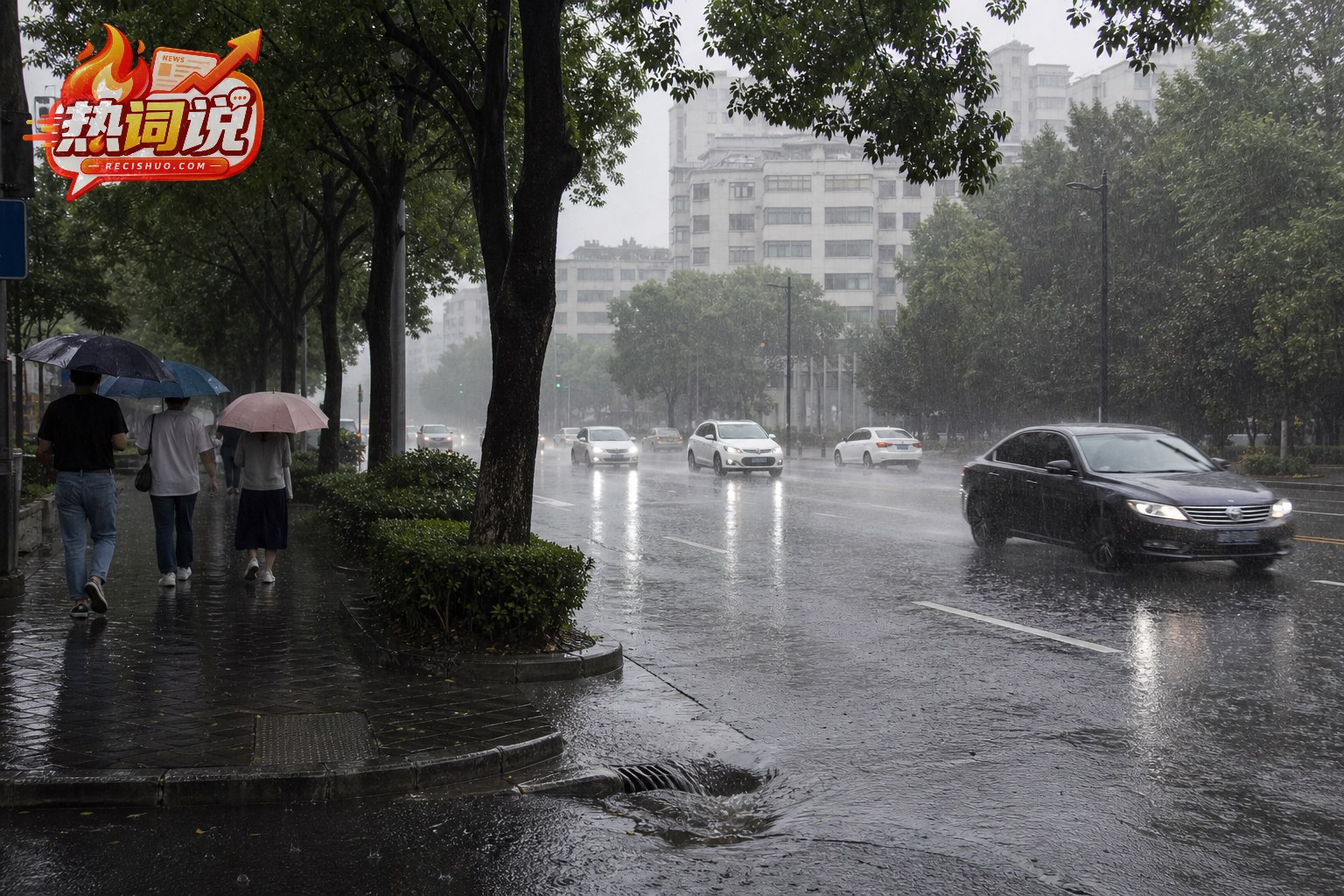 持续强降雨中的浙江城市道路与撑伞行人